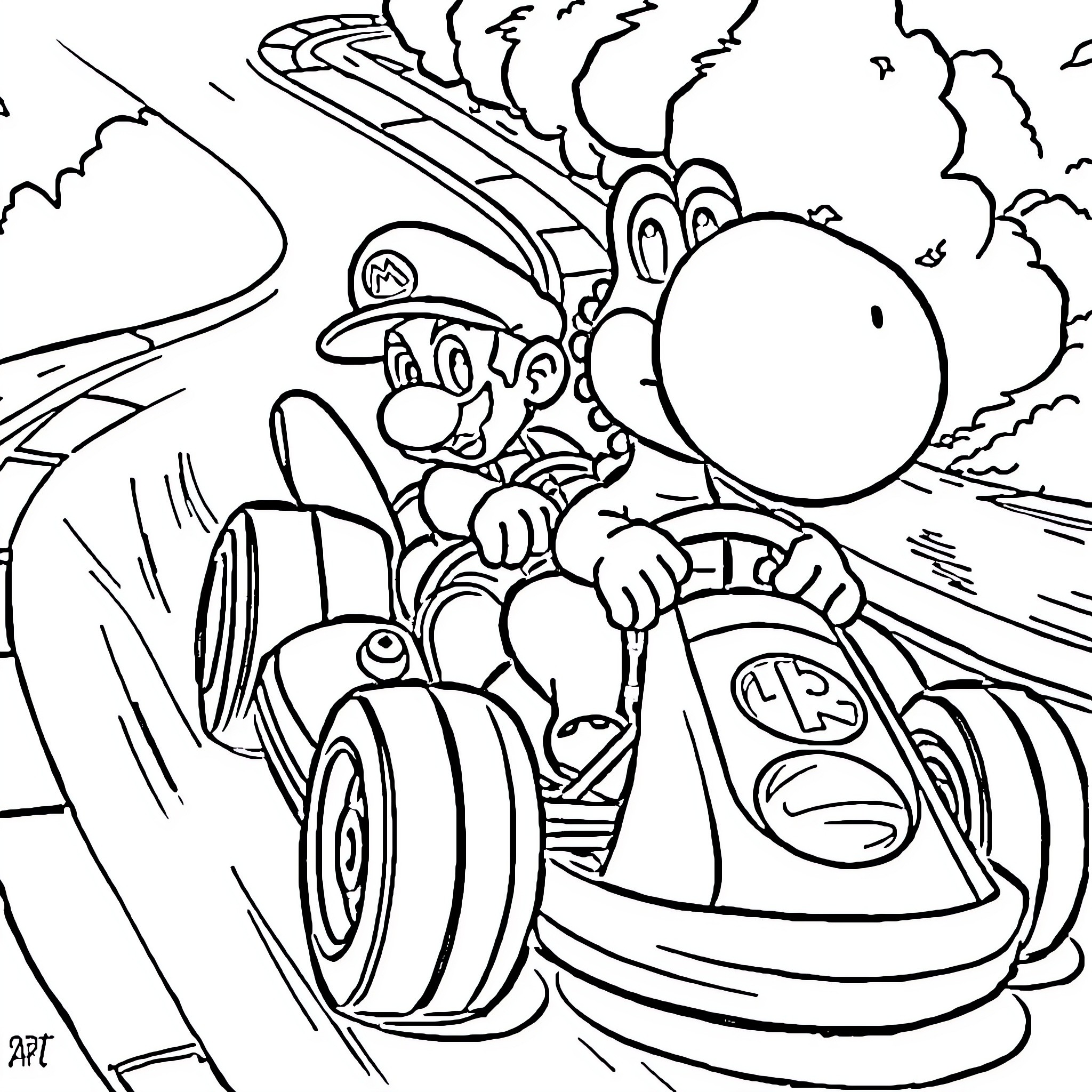 Mario Driving Kart at High Speed Coloring Page (free black-and-white line drawing printable PDF for all, from beginners to advanced learners, including children, teens, adults, and seniors)