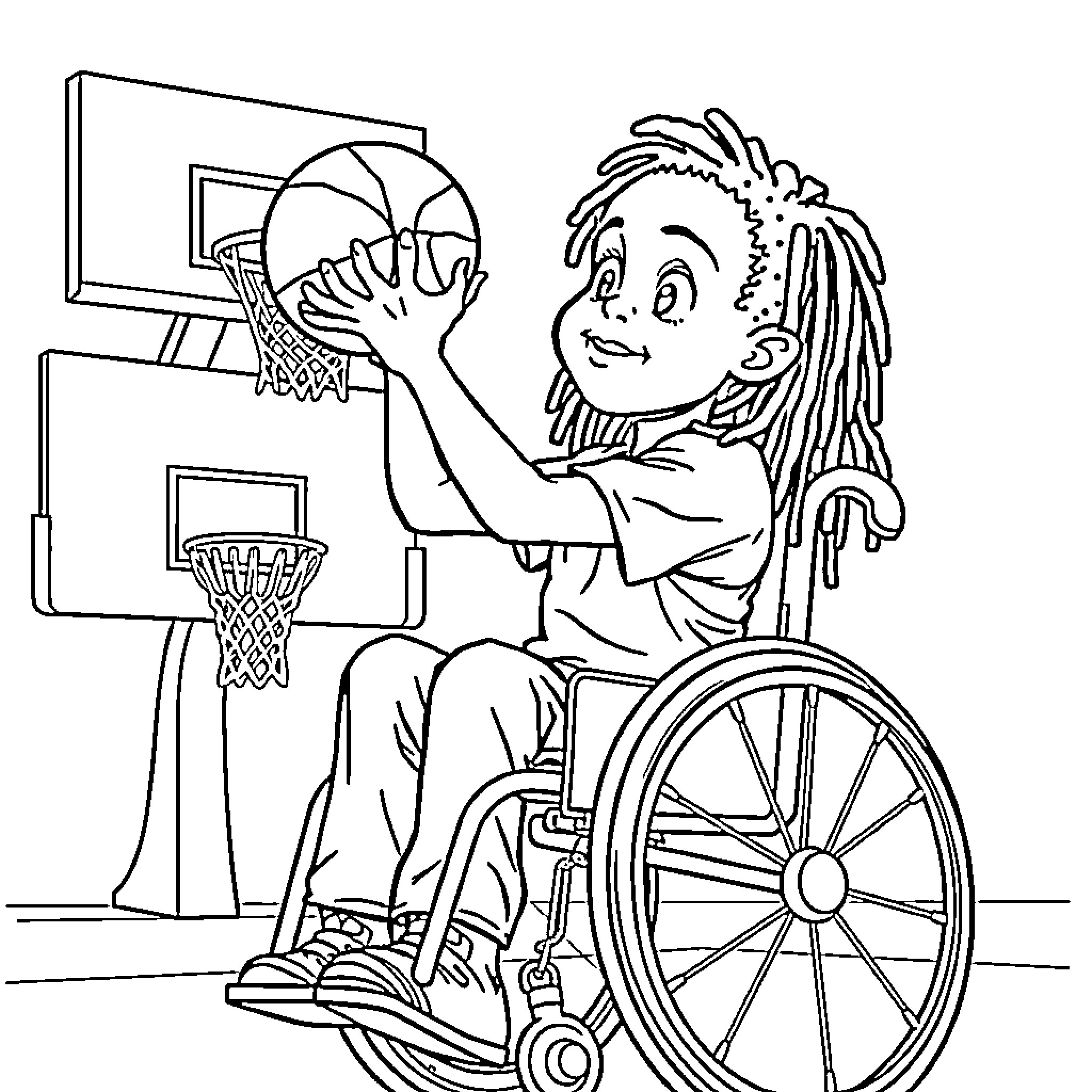 Boy playing basketball in wheelchair Coloring Page (free black-and-white line drawing printable PDF for all, from beginners to advanced learners, including children, teens, adults, and seniors)