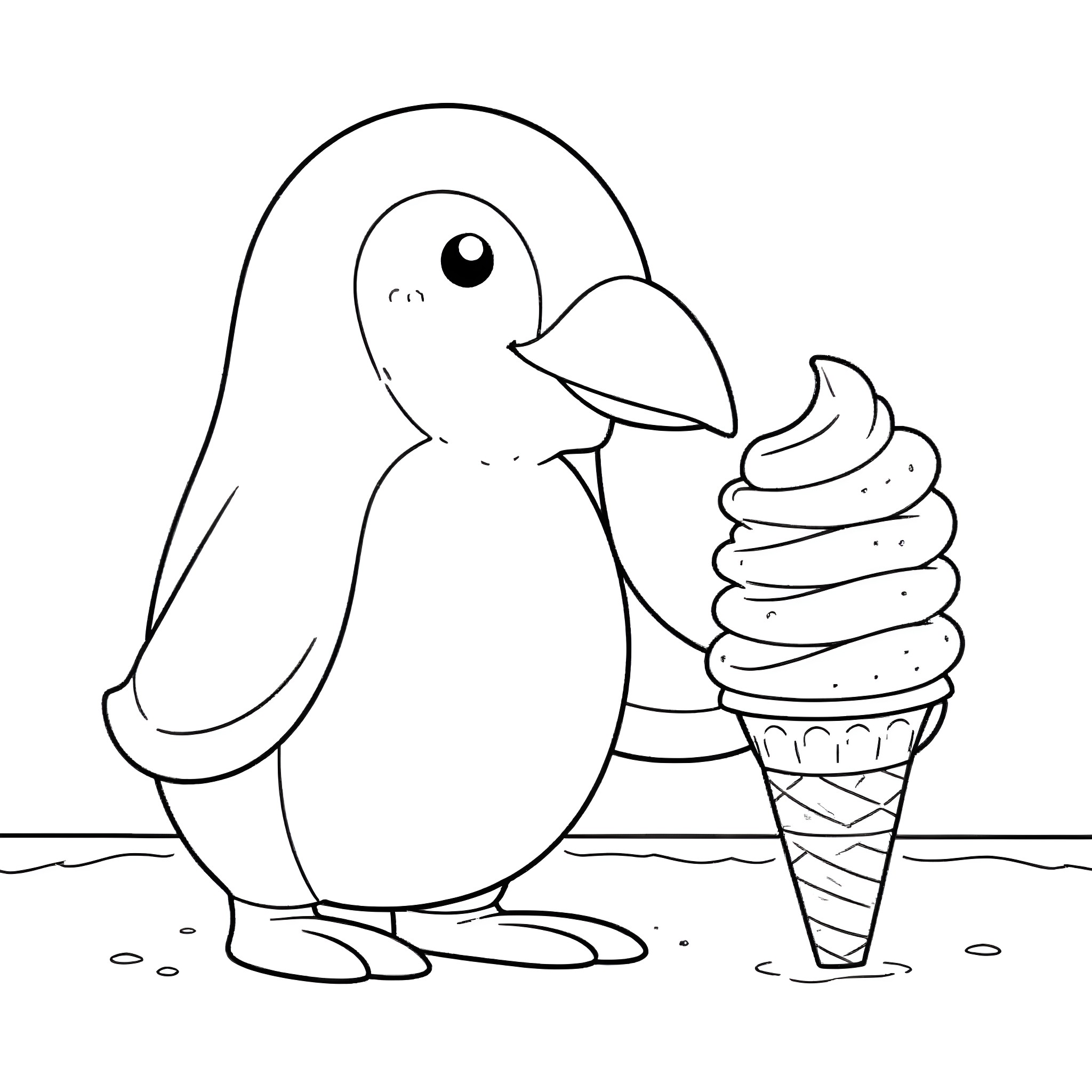Penguin enjoying a delightful ice cream cone Coloring Page (free black-and-white line drawing printable PDF for all, from beginners to advanced learners, including children, teens, adults, and seniors)