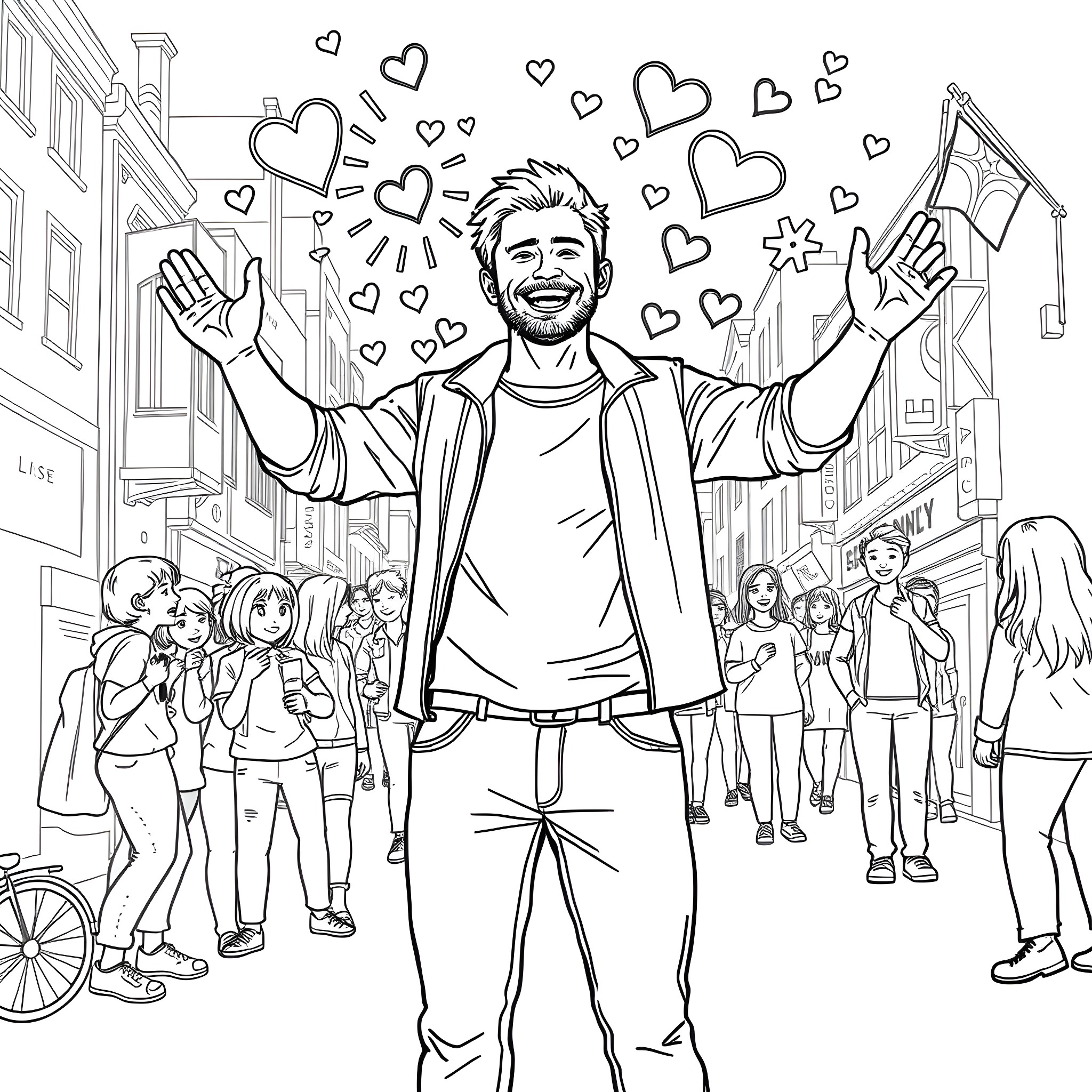 Man Expressing Joy and Spreading Love in the City Coloring Page (free black-and-white line drawing printable PDF for all, from beginners to advanced learners, including children, teens, adults, and seniors)