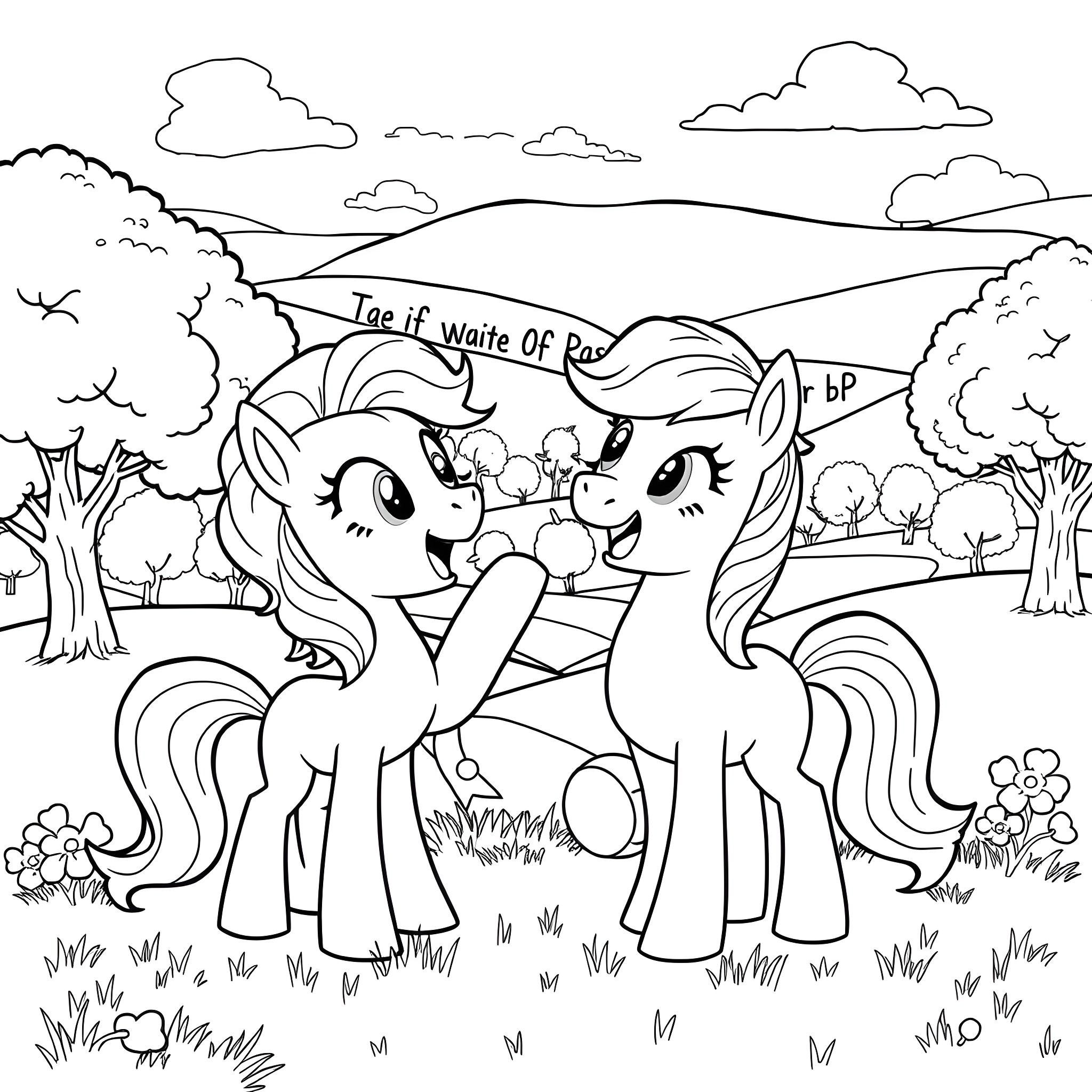 Applejack and Starlight Glimmer exploring the countryside Coloring Page (free black-and-white line drawing printable PDF for all, from beginners to advanced learners, including children, teens, adults, and seniors)