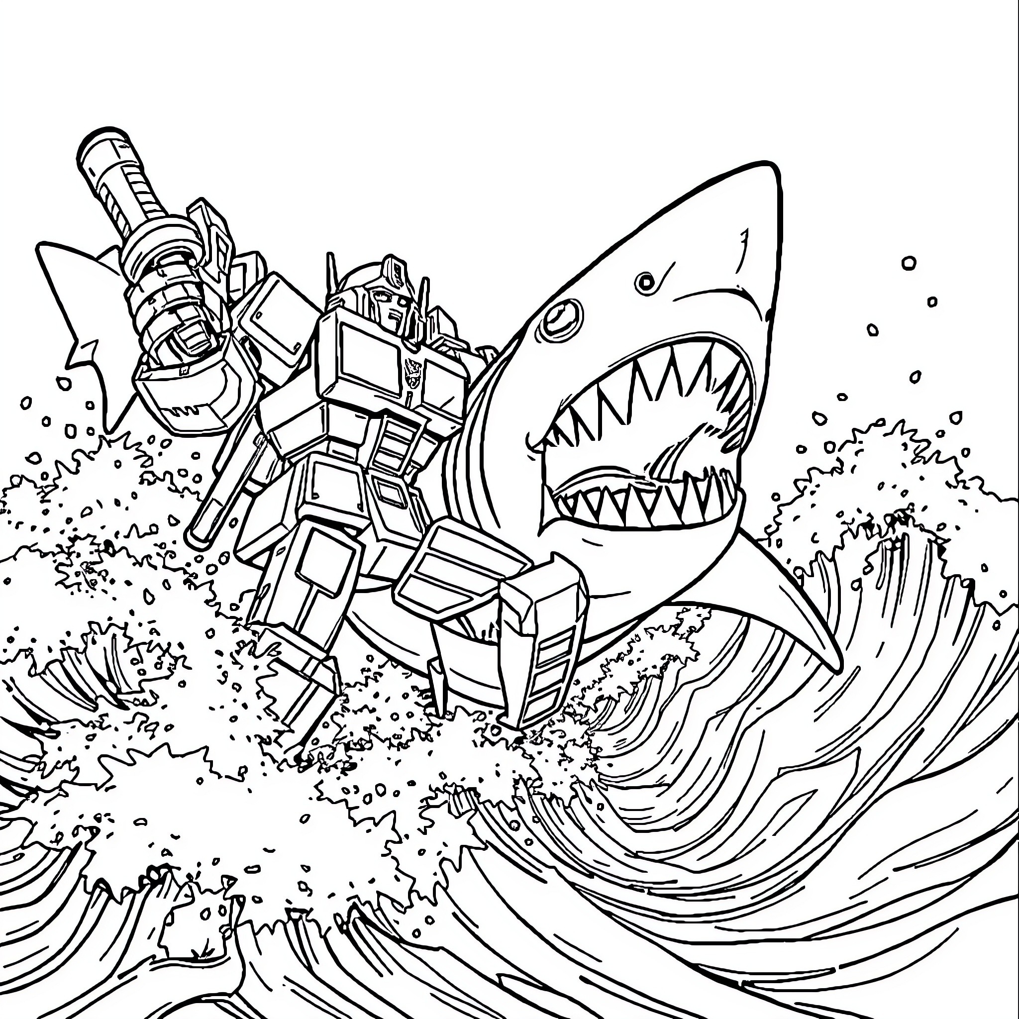 Transformer robot battling giant mechanical shark Coloring Page (free black-and-white line drawing printable PDF for all, from beginners to advanced learners, including children, teens, adults, and seniors)