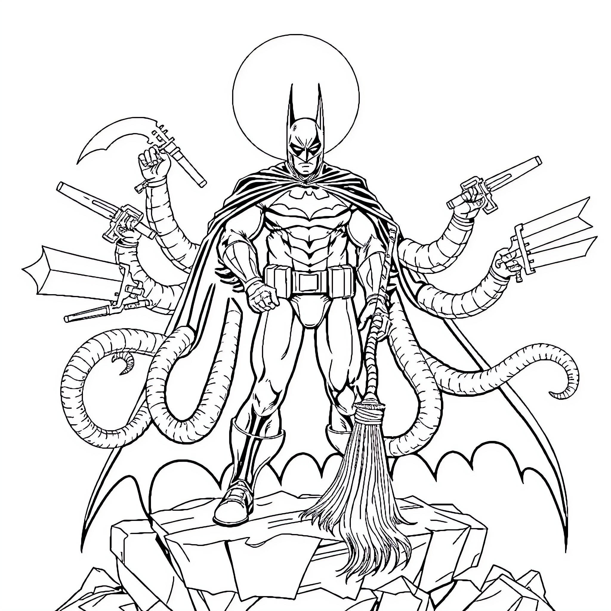 Batman in Action: Heroic Pose with Weapons Coloring Page (free black-and-white line drawing printable PDF for all, from beginners to advanced learners, including children, teens, adults, and seniors)