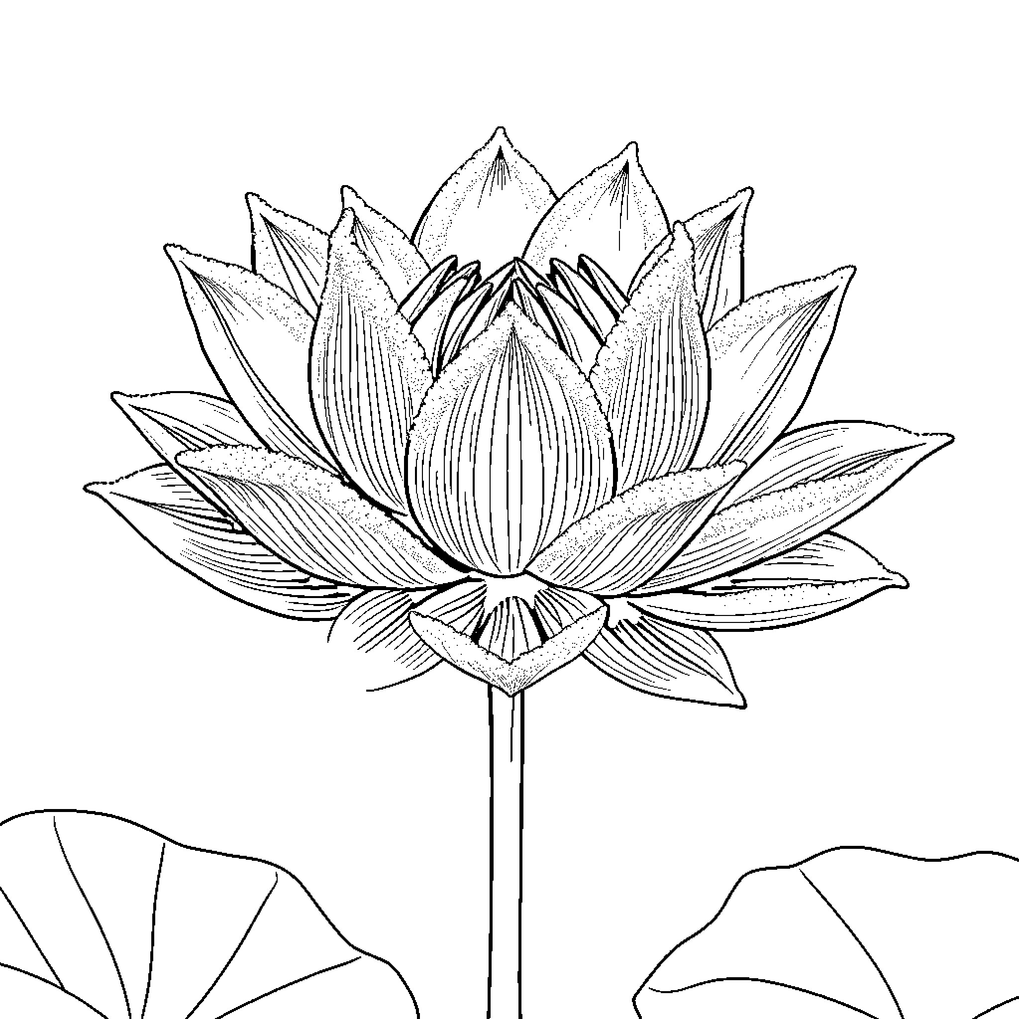 Lotus flower blooming in tranquil waters Coloring Page (free black-and-white line drawing printable PDF for all, from beginners to advanced learners, including children, teens, adults, and seniors)