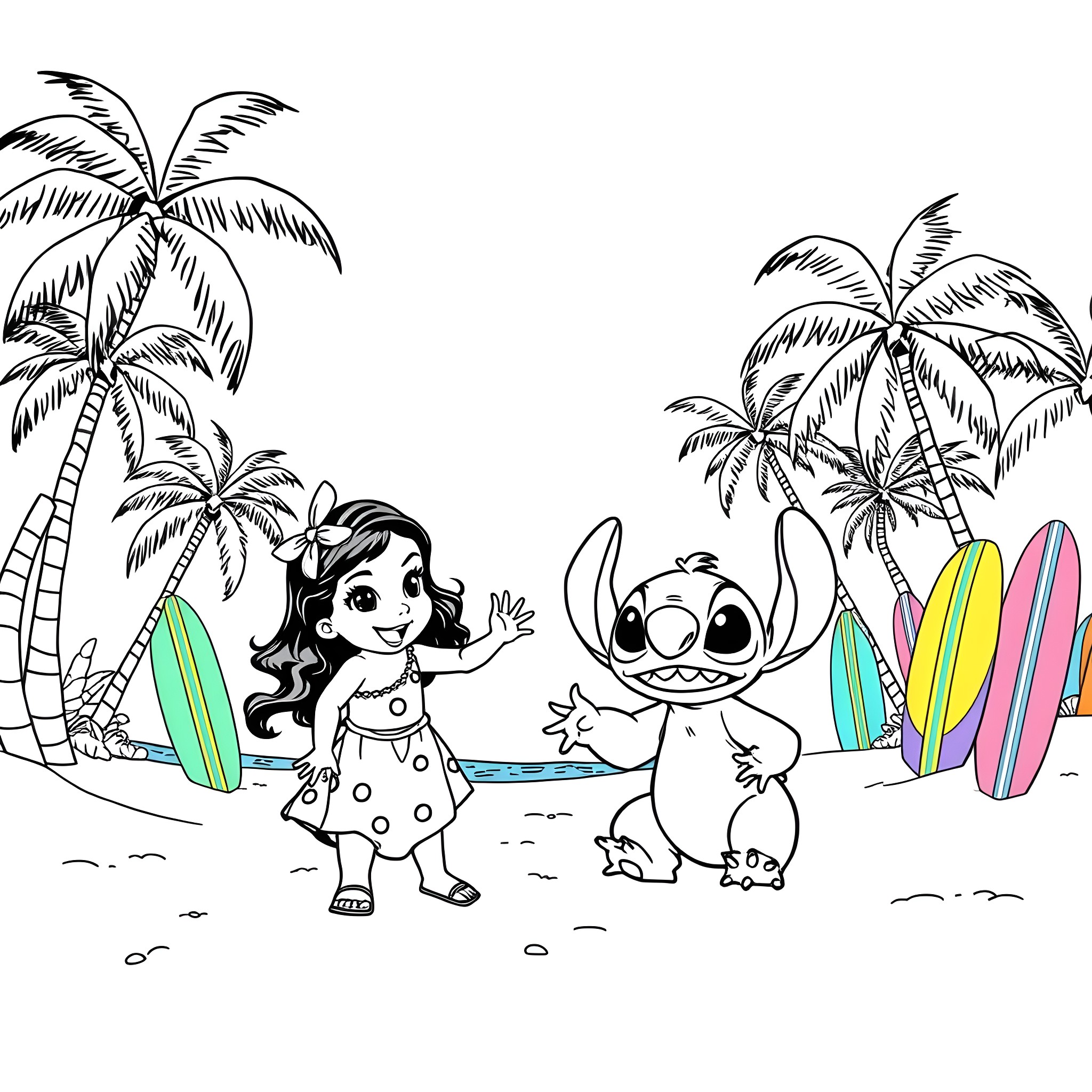 Lilo playing with Stitch on the beach Coloring Page (free black-and-white line drawing printable PDF for all, from beginners to advanced learners, including children, teens, adults, and seniors)