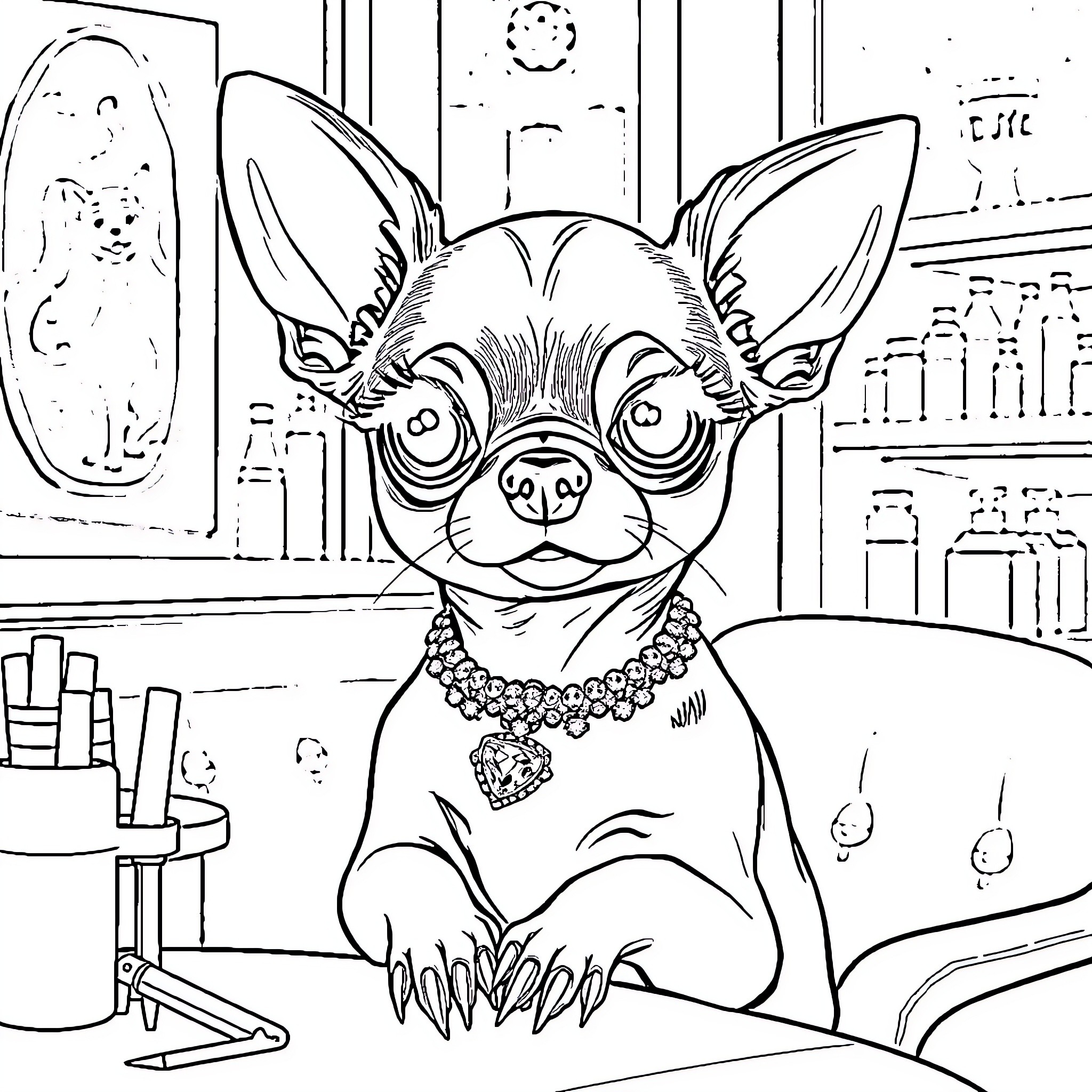 Chihuahua dressed up in a jeweled collar Coloring Page (free black-and-white line drawing printable PDF for all, from beginners to advanced learners, including children, teens, adults, and seniors)