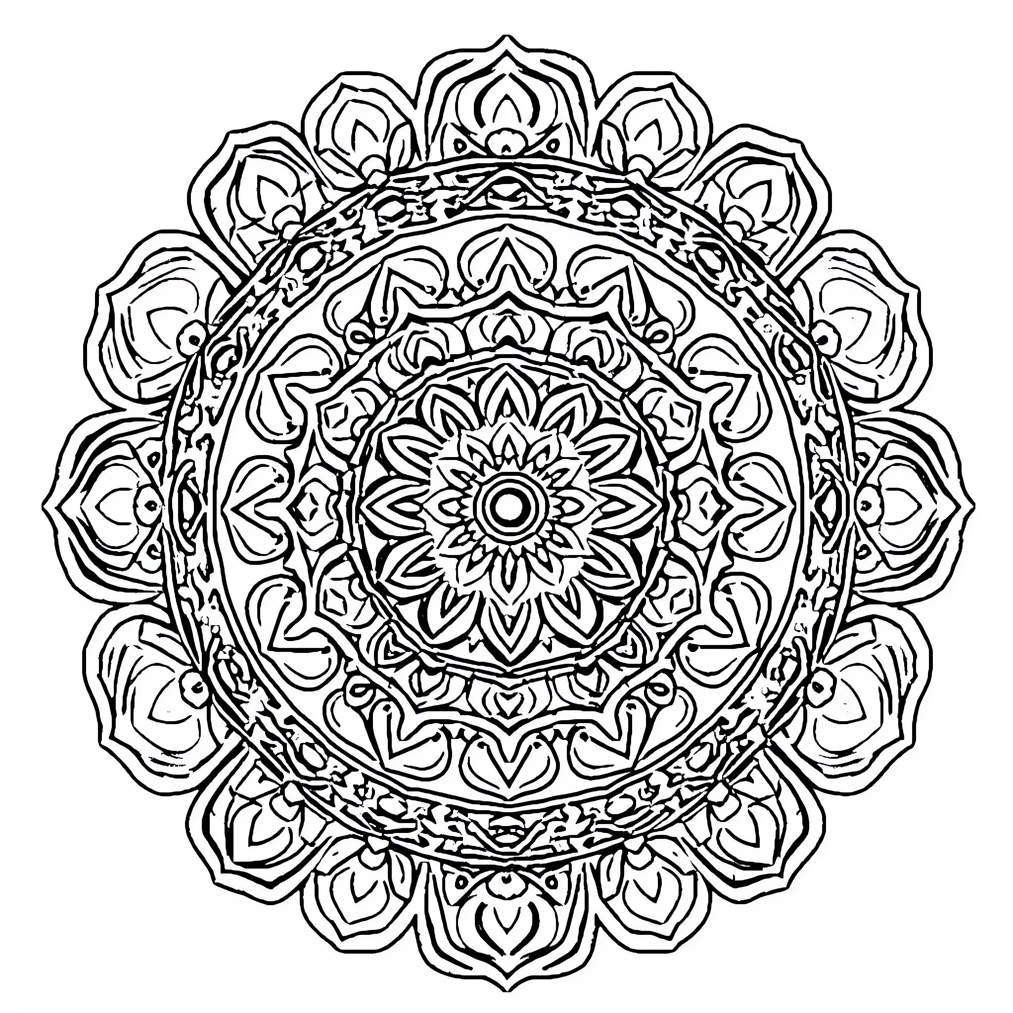Mandala of intricate floral patterns and symmetry Coloring Page (free black-and-white line drawing printable PDF for all, from beginners to advanced learners, including children, teens, adults, and seniors)