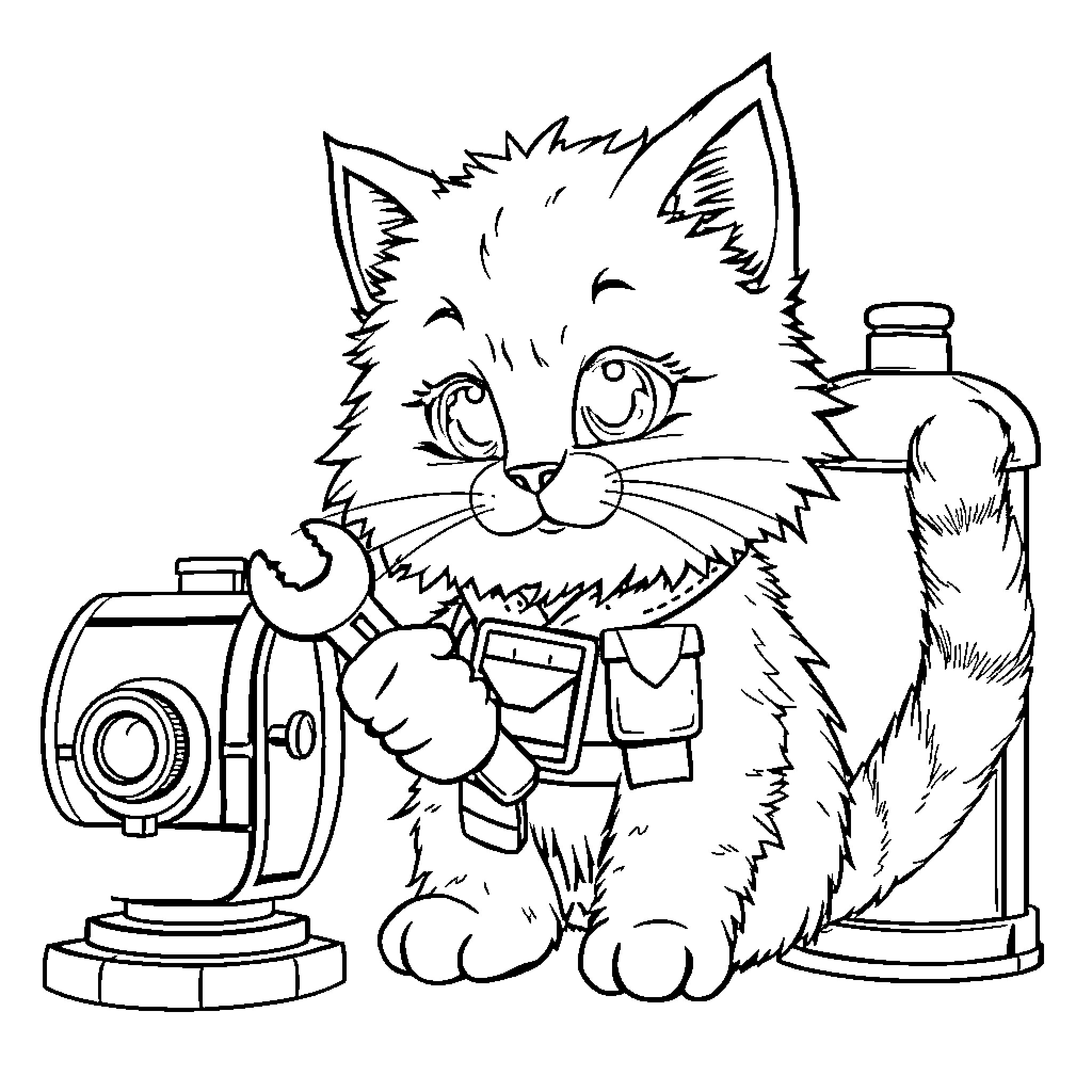 Cat Photographer with Camera and Equipment Coloring Page (free black-and-white line drawing printable PDF for all, from beginners to advanced learners, including children, teens, adults, and seniors)