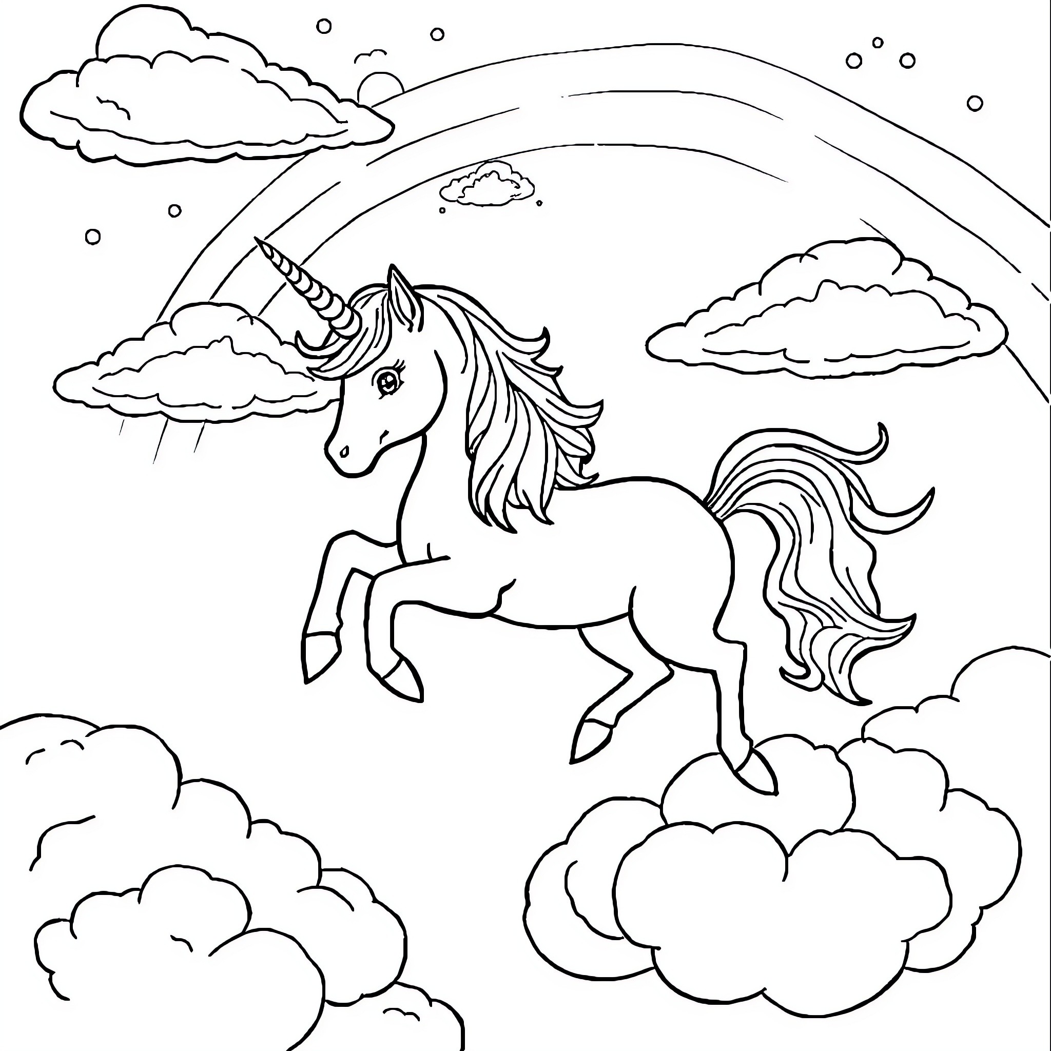 Unicorn galloping through magical clouds Coloring Page (free black-and-white line drawing printable PDF for all, from beginners to advanced learners, including children, teens, adults, and seniors)