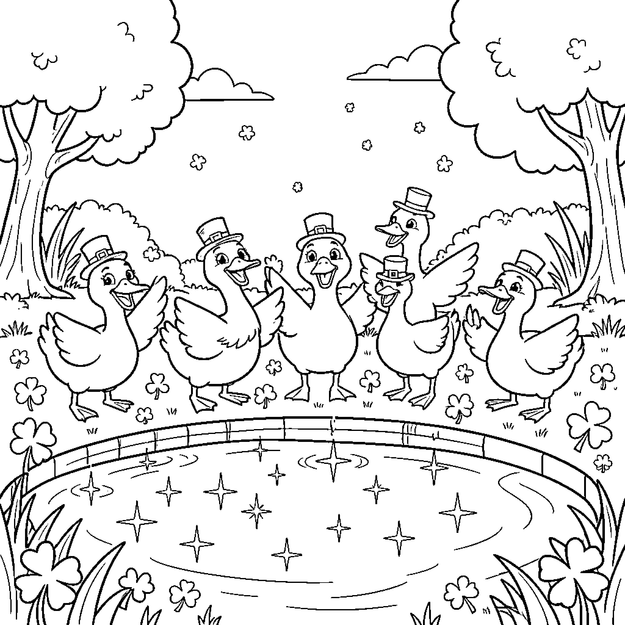 Goose friends having fun in a magical forest Coloring Page (free black-and-white line drawing printable PDF for all, from beginners to advanced learners, including children, teens, adults, and seniors)