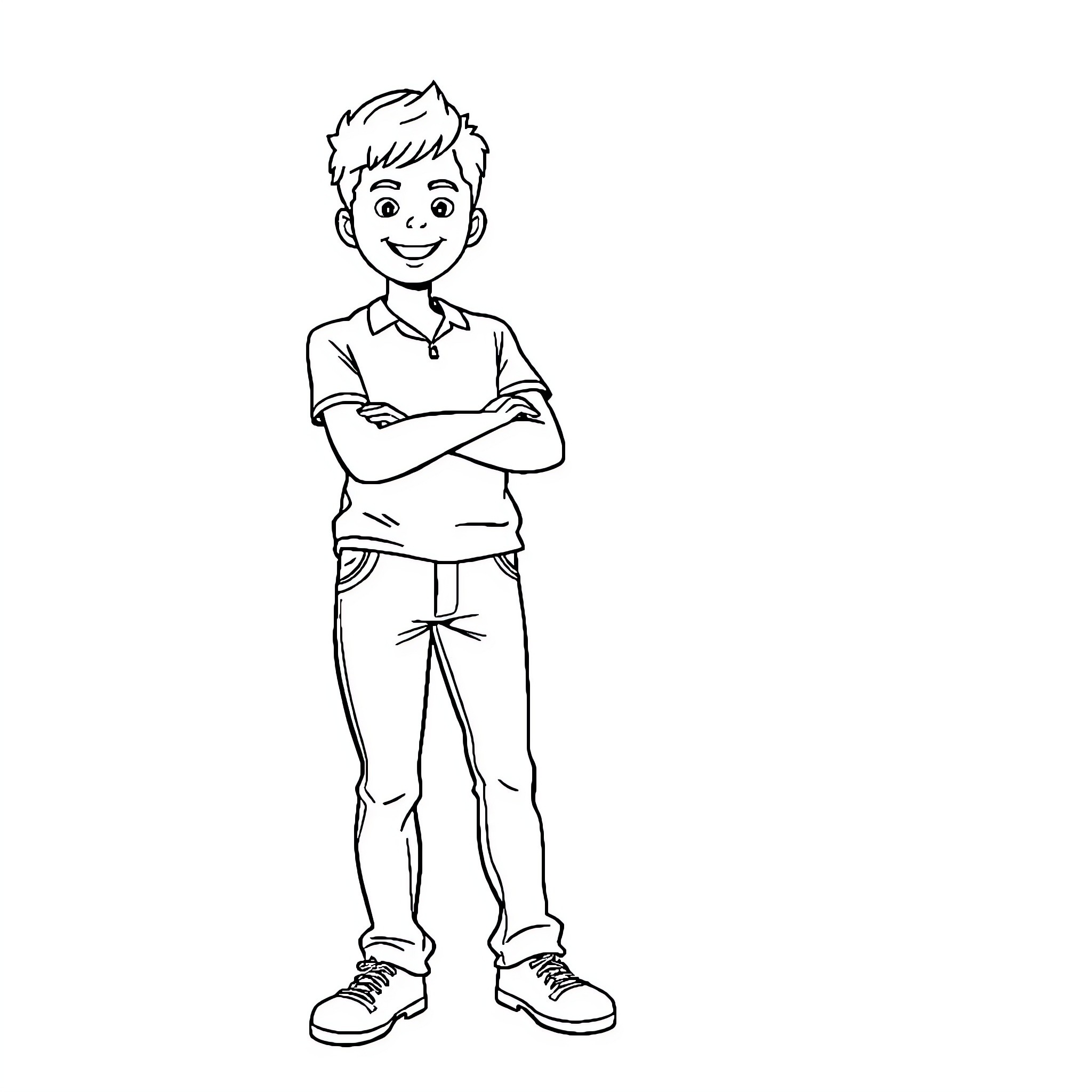 Me standing with arms crossed and confident smile Coloring Page (free black-and-white line drawing printable PDF for all, from beginners to advanced learners, including children, teens, adults, and seniors)