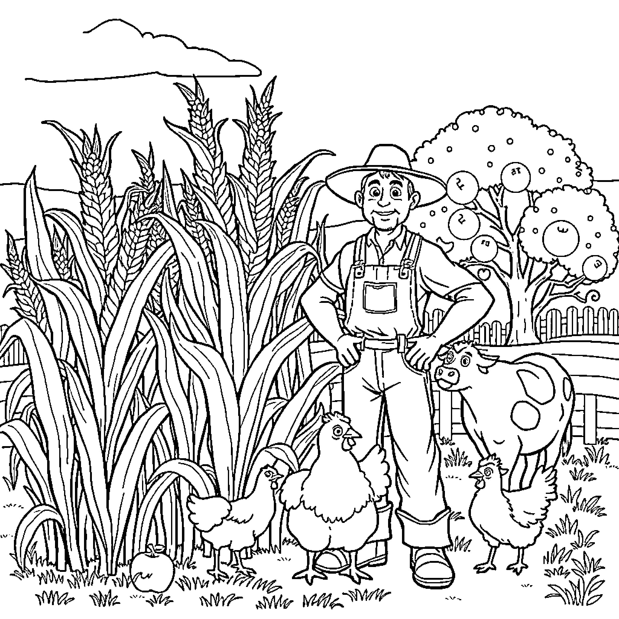 Farmer standing amidst crops and livestock in rural landscape Coloring Page (free black-and-white line drawing printable PDF for all, from beginners to advanced learners, including children, teens, adults, and seniors)