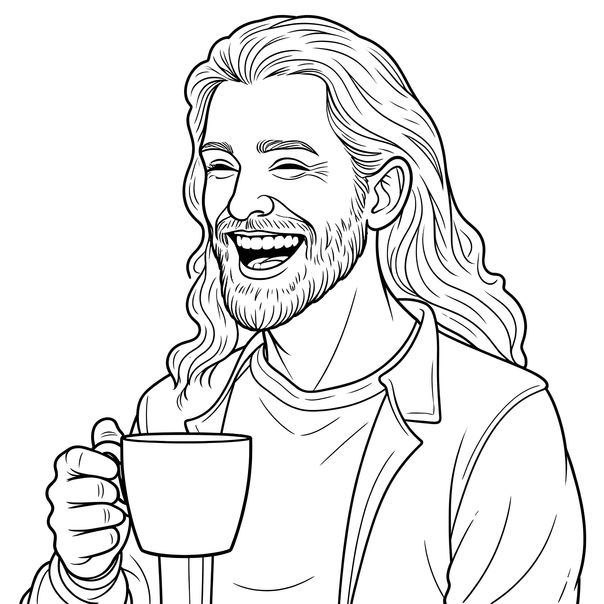 Man happily holding a cup Coloring Page (free black-and-white line drawing printable PDF for all, from beginners to advanced learners, including children, teens, adults, and seniors)