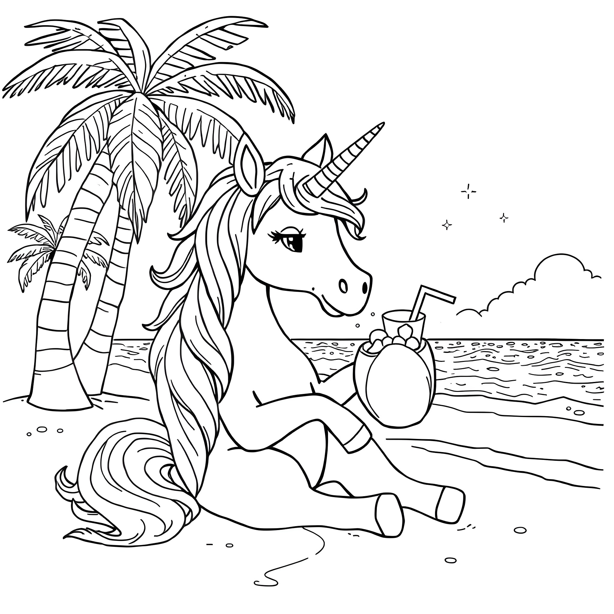 Unicorn relaxing on the beach with a drink Coloring Page (free black-and-white line drawing printable PDF for all, from beginners to advanced learners, including children, teens, adults, and seniors)