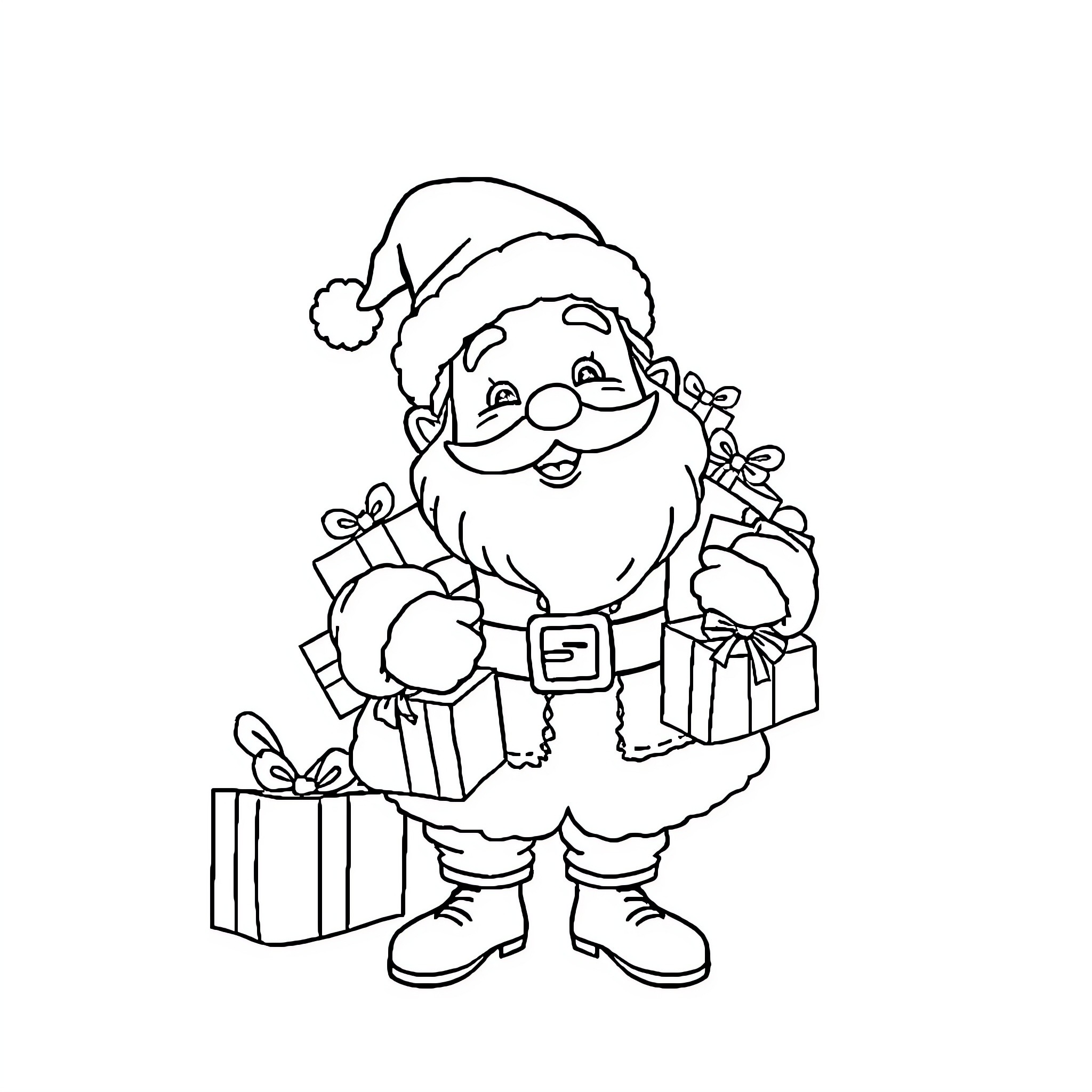 Santa Holding Gifts and Spreading Holiday Cheer Coloring Page (free black-and-white line drawing printable PDF for all, from beginners to advanced learners, including children, teens, adults, and seniors)