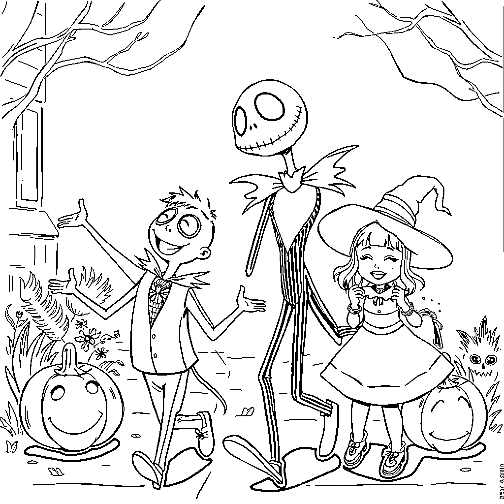 Jack Skellington interacting with characters from the movie Coloring Page (free black-and-white line drawing printable PDF for all, from beginners to advanced learners, including children, teens, adults, and seniors)