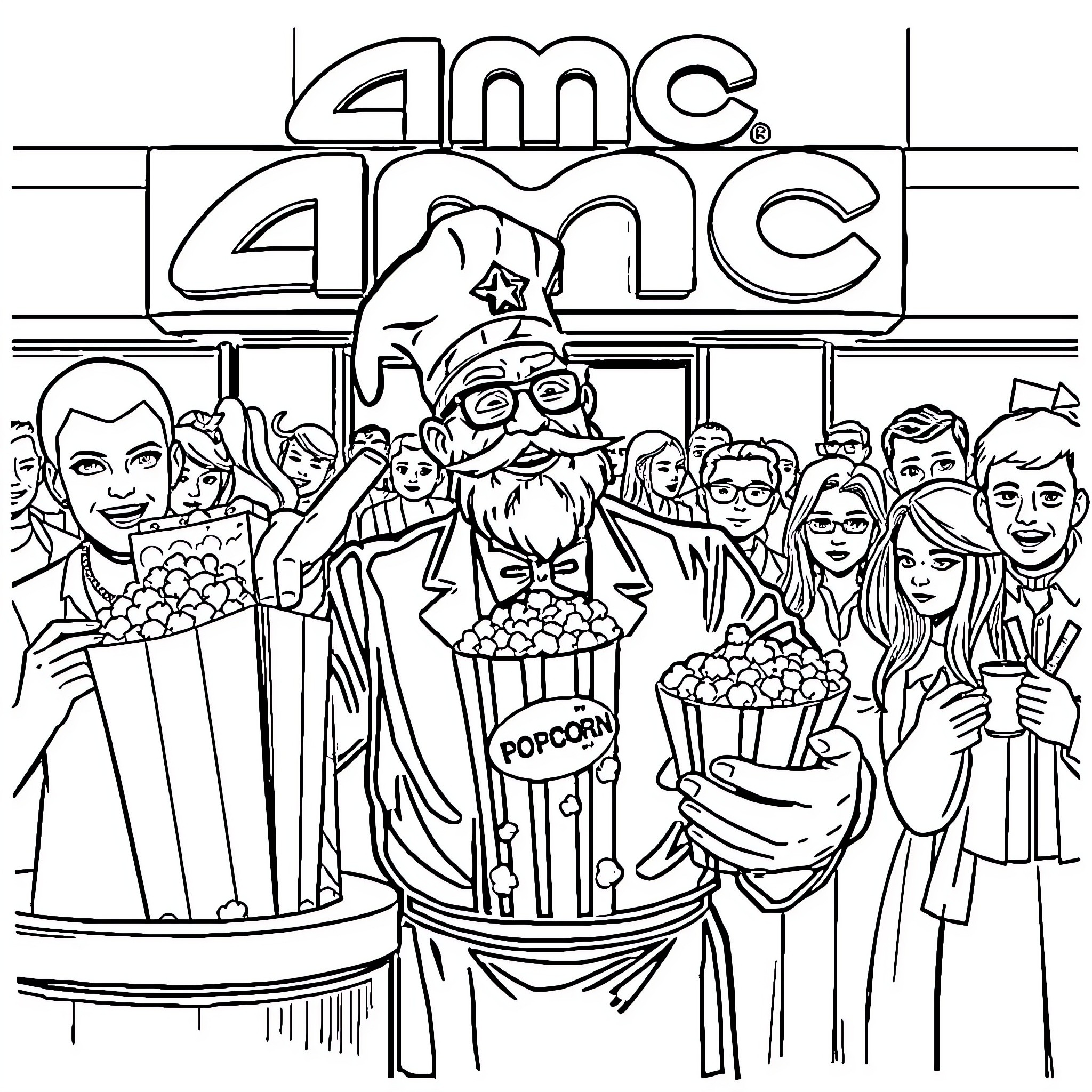 Papa Emeritus entertaining a crowd at the AMC cinema Coloring Page (free black-and-white line drawing printable PDF for all, from beginners to advanced learners, including children, teens, adults, and seniors)