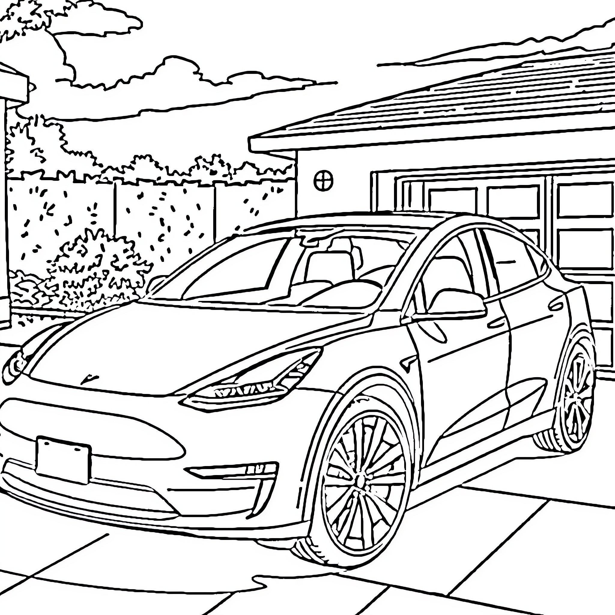 Tesla electric vehicle parked in driveway Coloring Page (free black-and-white line drawing printable PDF for all, from beginners to advanced learners, including children, teens, adults, and seniors)