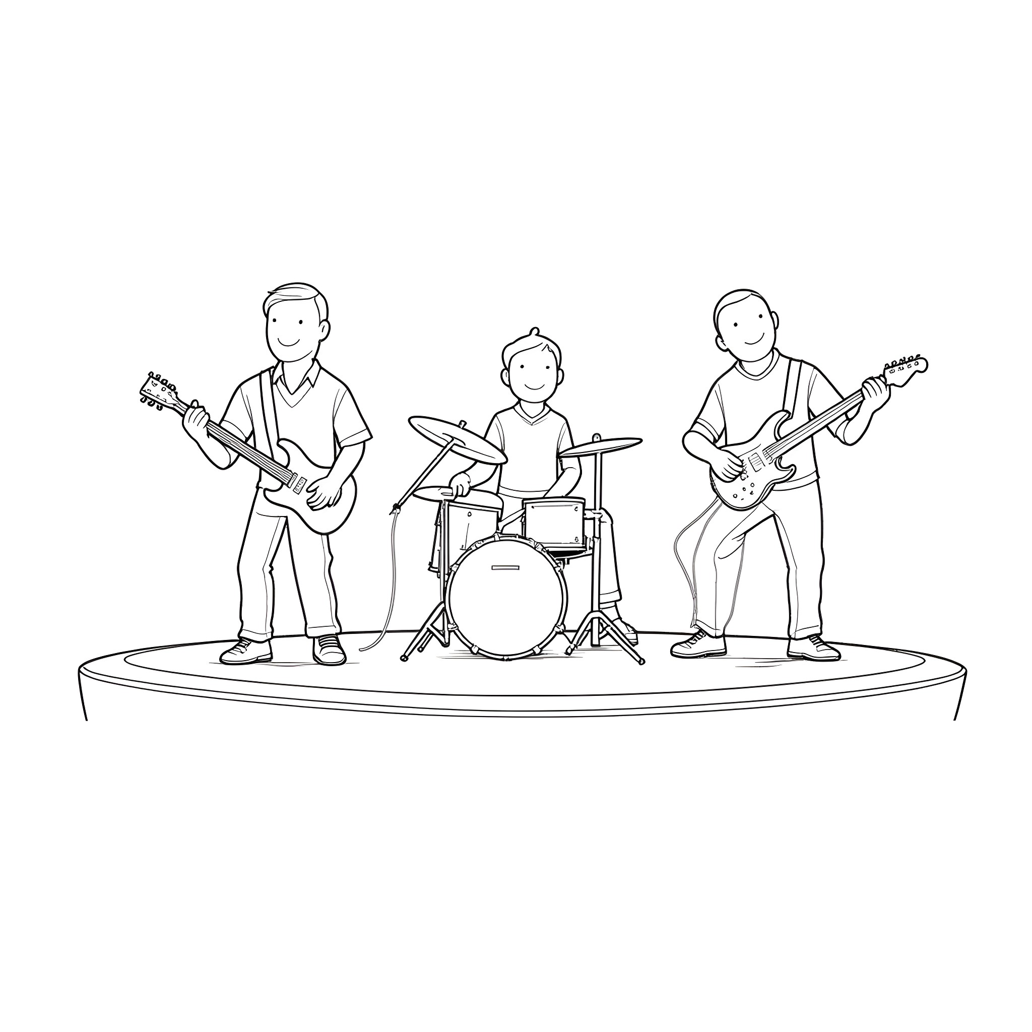 Band members performing on stage Coloring Page (free black-and-white line drawing printable PDF for all, from beginners to advanced learners, including children, teens, adults, and seniors)