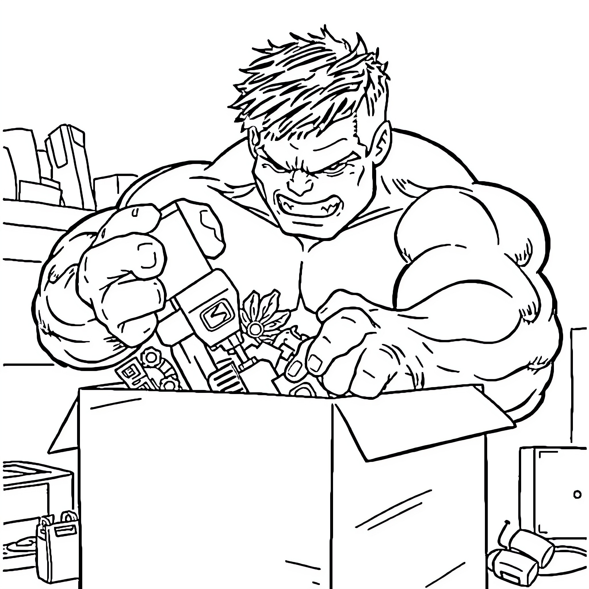 Hulk Smashing Crates in Cityscape Coloring Page (free black-and-white line drawing printable PDF for all, from beginners to advanced learners, including children, teens, adults, and seniors)