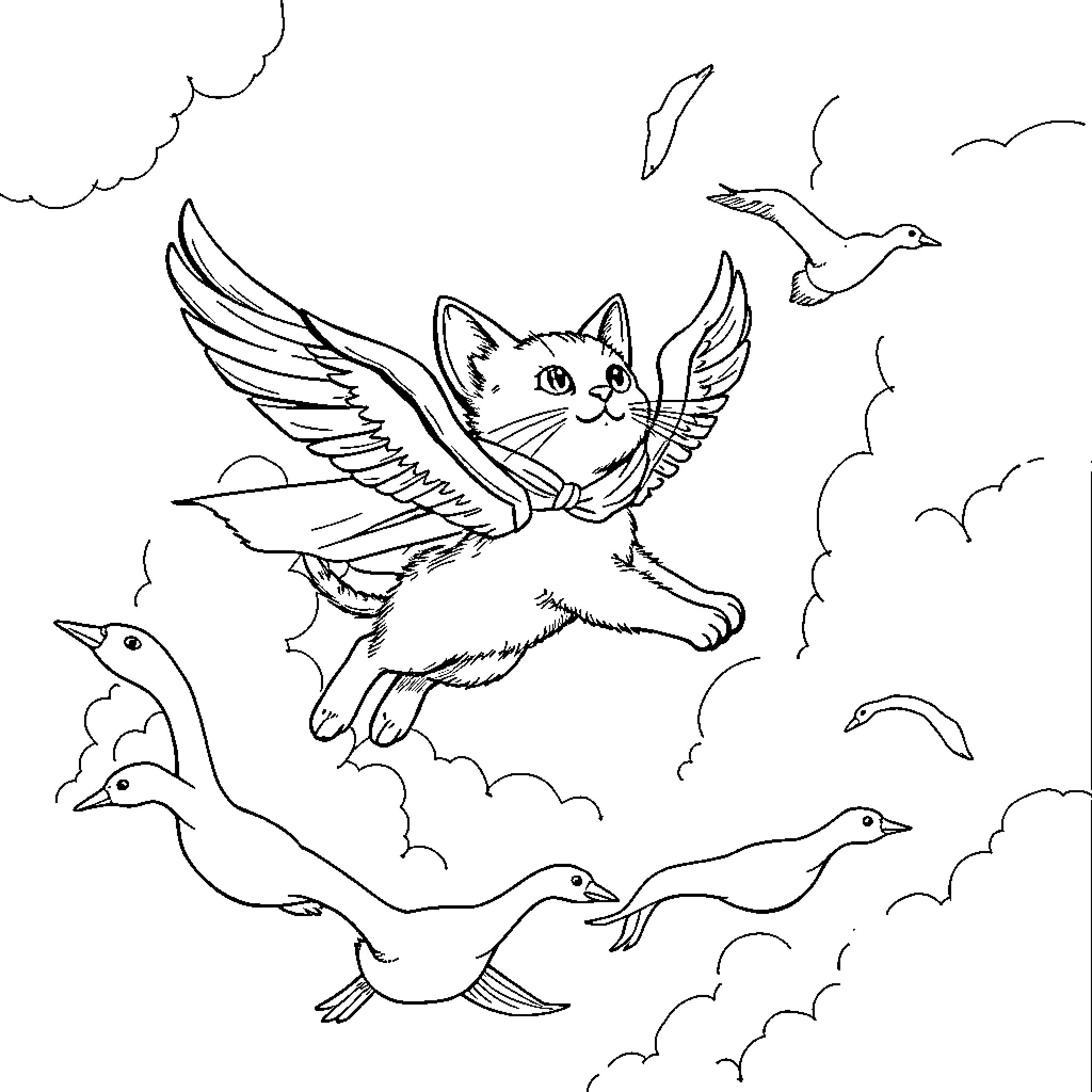 Flying Cat soaring among birds in the clouds Coloring Page (free black-and-white line drawing printable PDF for all, from beginners to advanced learners, including children, teens, adults, and seniors)