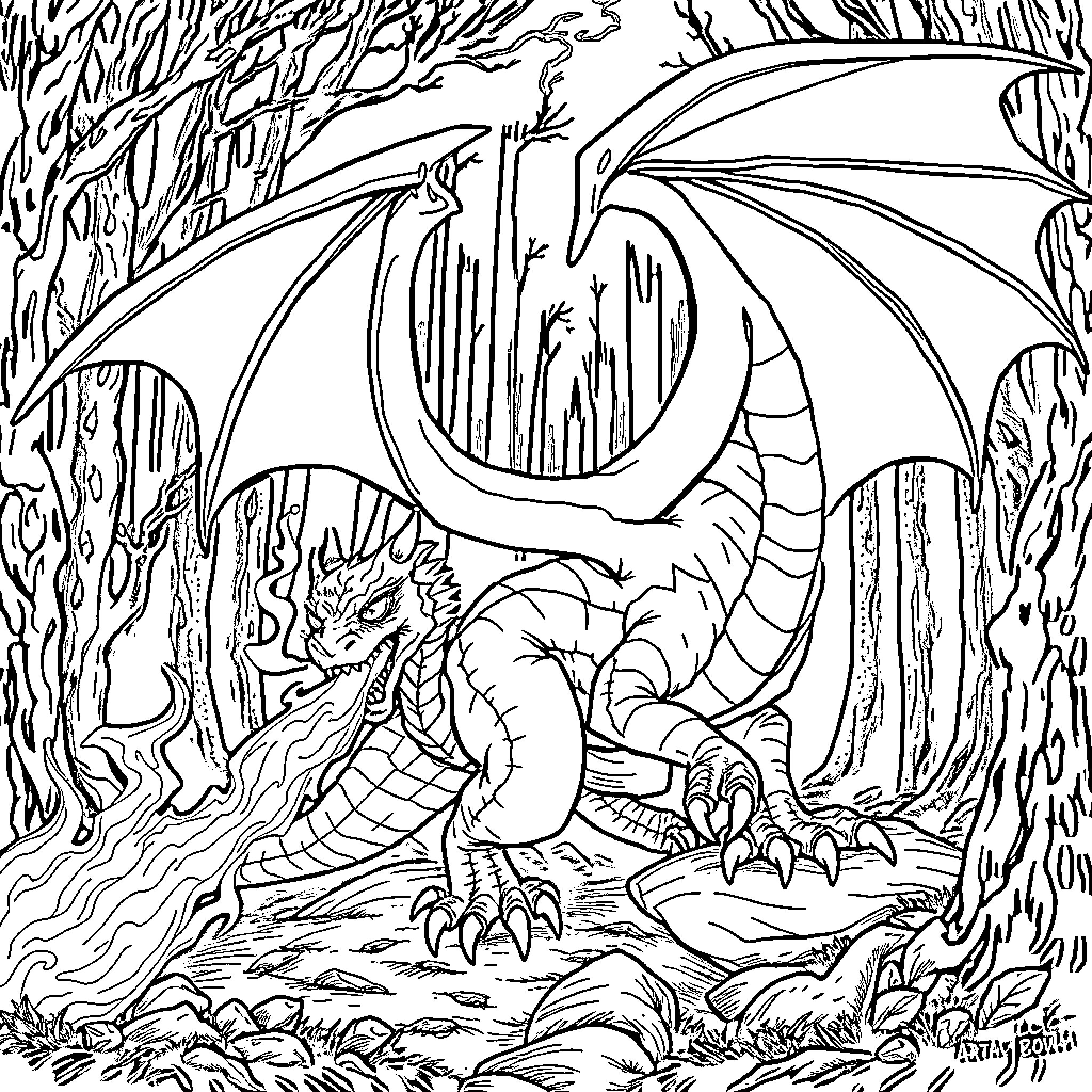 Dragon guarding its lair in the forest Coloring Page (free black-and-white line drawing printable PDF for all, from beginners to advanced learners, including children, teens, adults, and seniors)