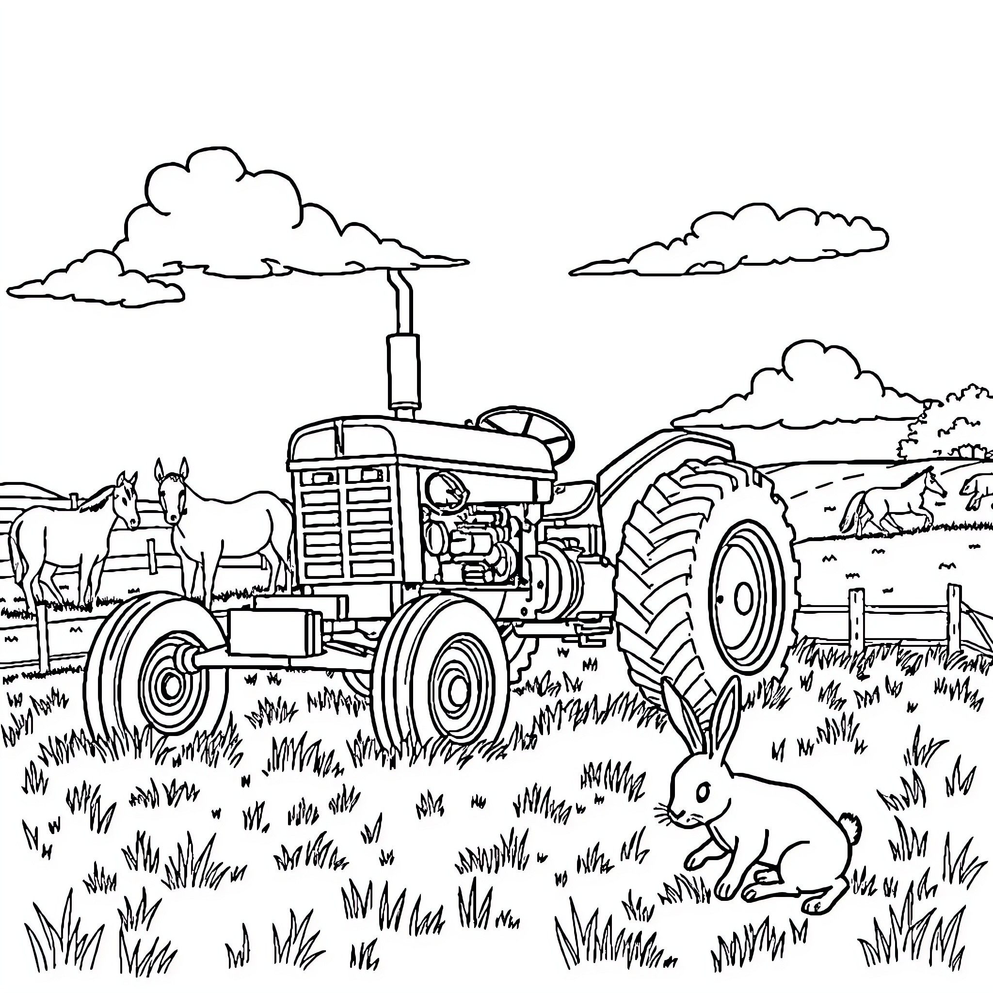 Tractor plowing the fields with horses and rabbit Coloring Page (free black-and-white line drawing printable PDF for all, from beginners to advanced learners, including children, teens, adults, and seniors)