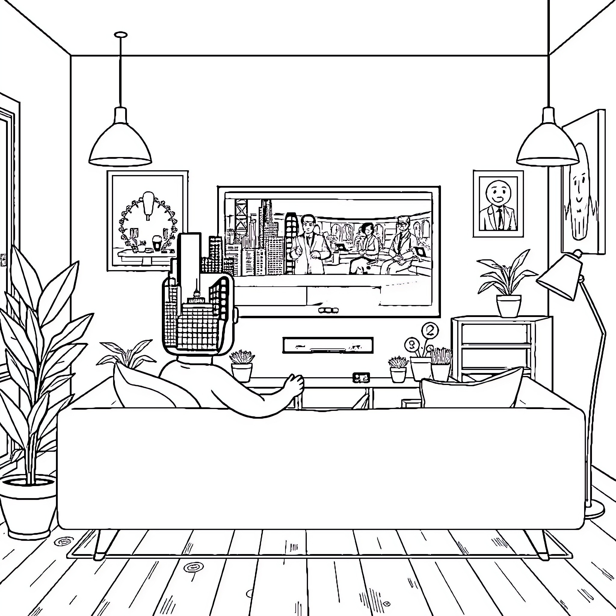 Cartoon Character Relaxing in Cozy Home Interior Coloring Page (free black-and-white line drawing printable PDF for all, from beginners to advanced learners, including children, teens, adults, and seniors)