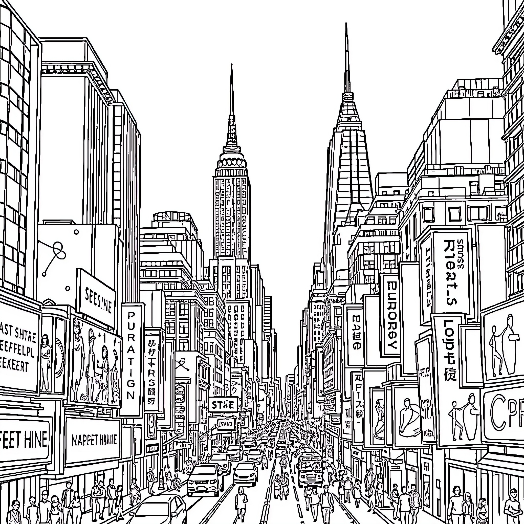 City street scene with skyscrapers and crowds Coloring Page (free black-and-white line drawing printable PDF for all, from beginners to advanced learners, including children, teens, adults, and seniors)