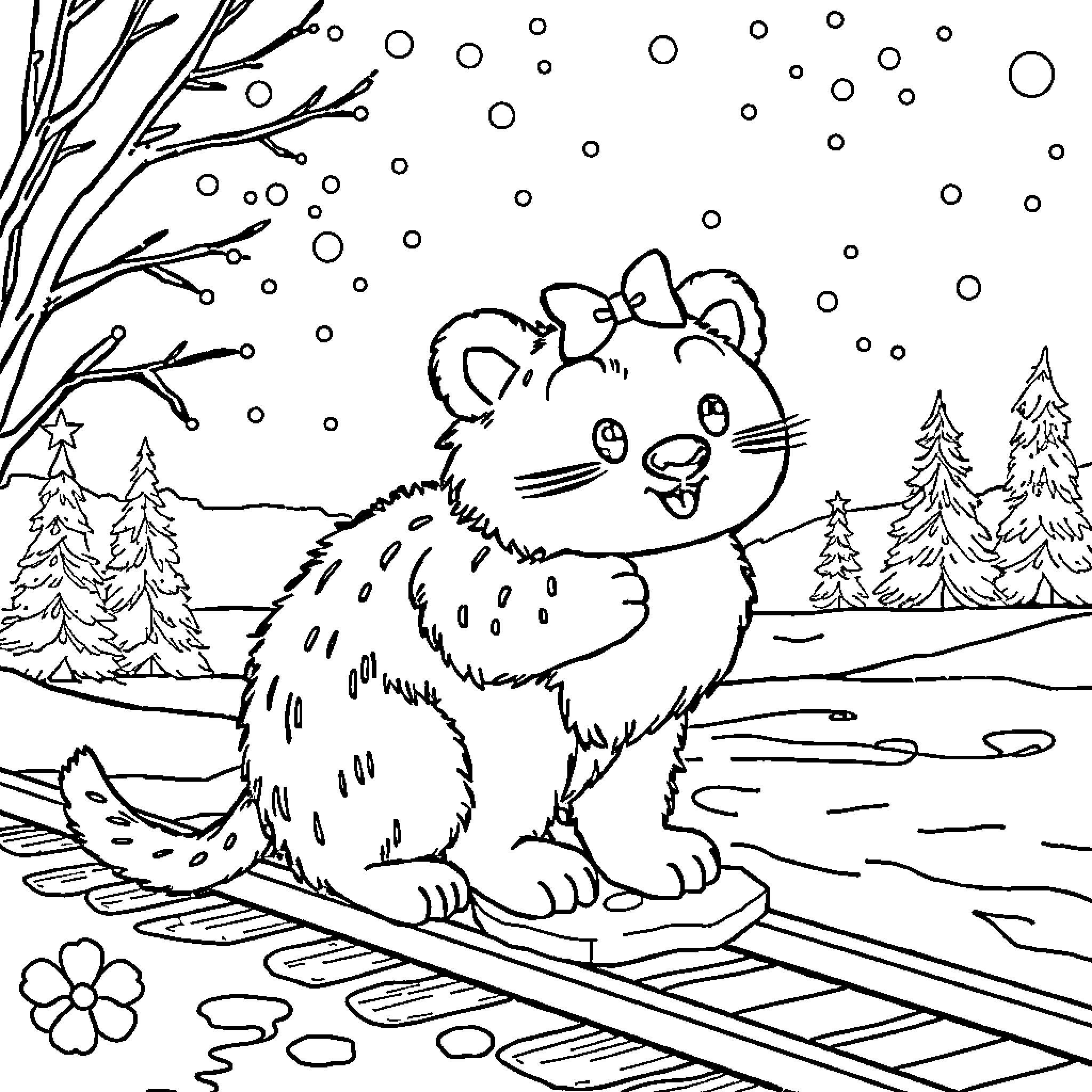 Bisounours playing in the snowy winter landscape Coloring Page (free black-and-white line drawing printable PDF for all, from beginners to advanced learners, including children, teens, adults, and seniors)