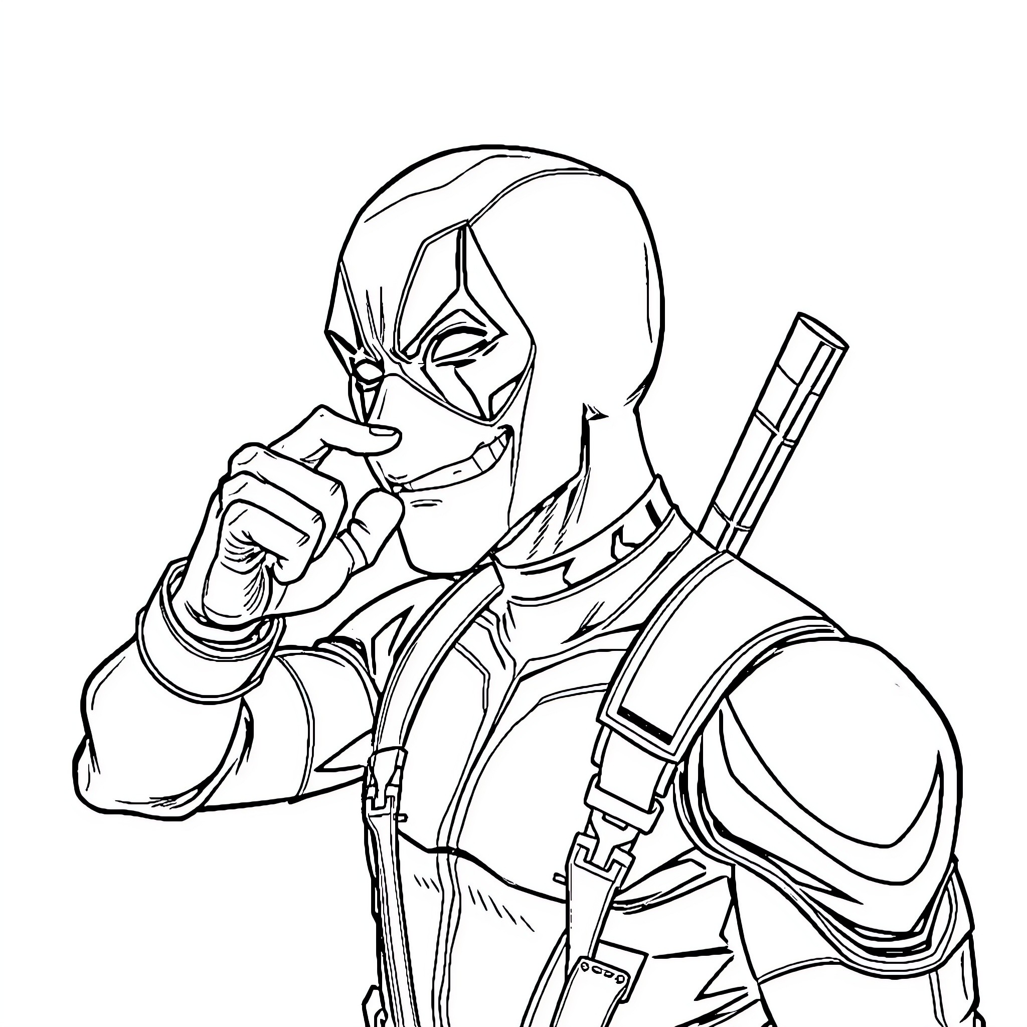 Deadpool wielding weapons in action pose Coloring Page (free black-and-white line drawing printable PDF for all, from beginners to advanced learners, including children, teens, adults, and seniors)