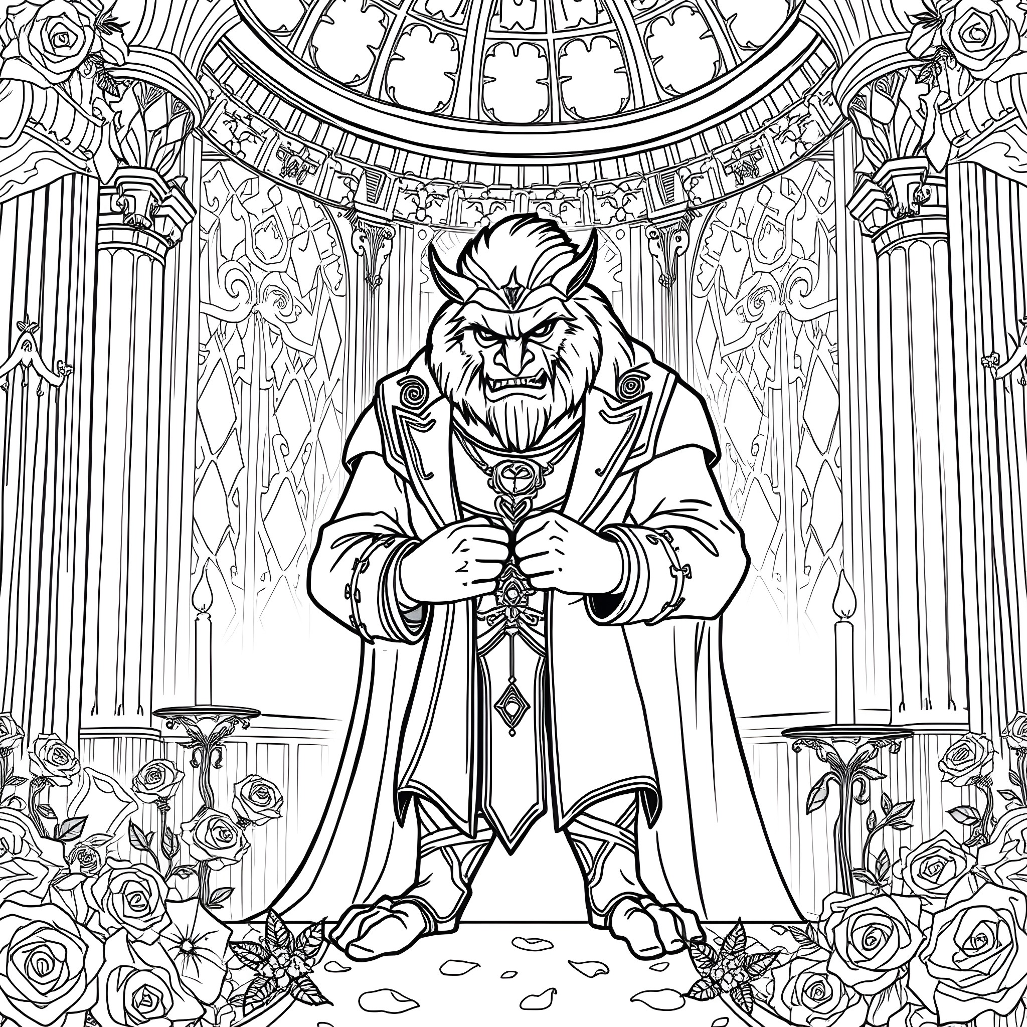 Beast Lord Commanding from Throne Amidst Ornate Decor Coloring Page (free black-and-white line drawing printable PDF for all, from beginners to advanced learners, including children, teens, adults, and seniors)