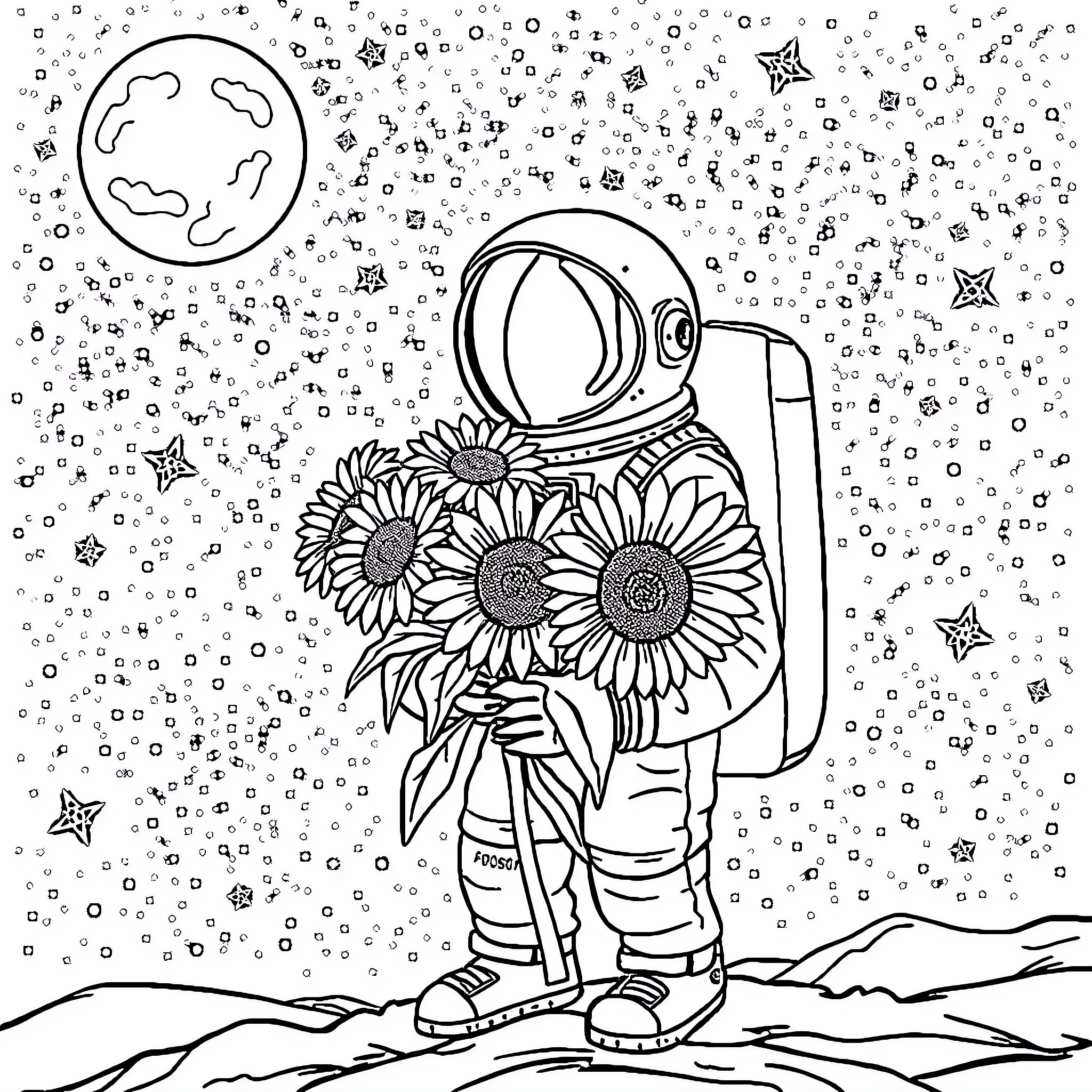 Astronaut Exploring the Cosmic Landscape with Sunflowers Coloring Page (free black-and-white line drawing printable PDF for all, from beginners to advanced learners, including children, teens, adults, and seniors)
