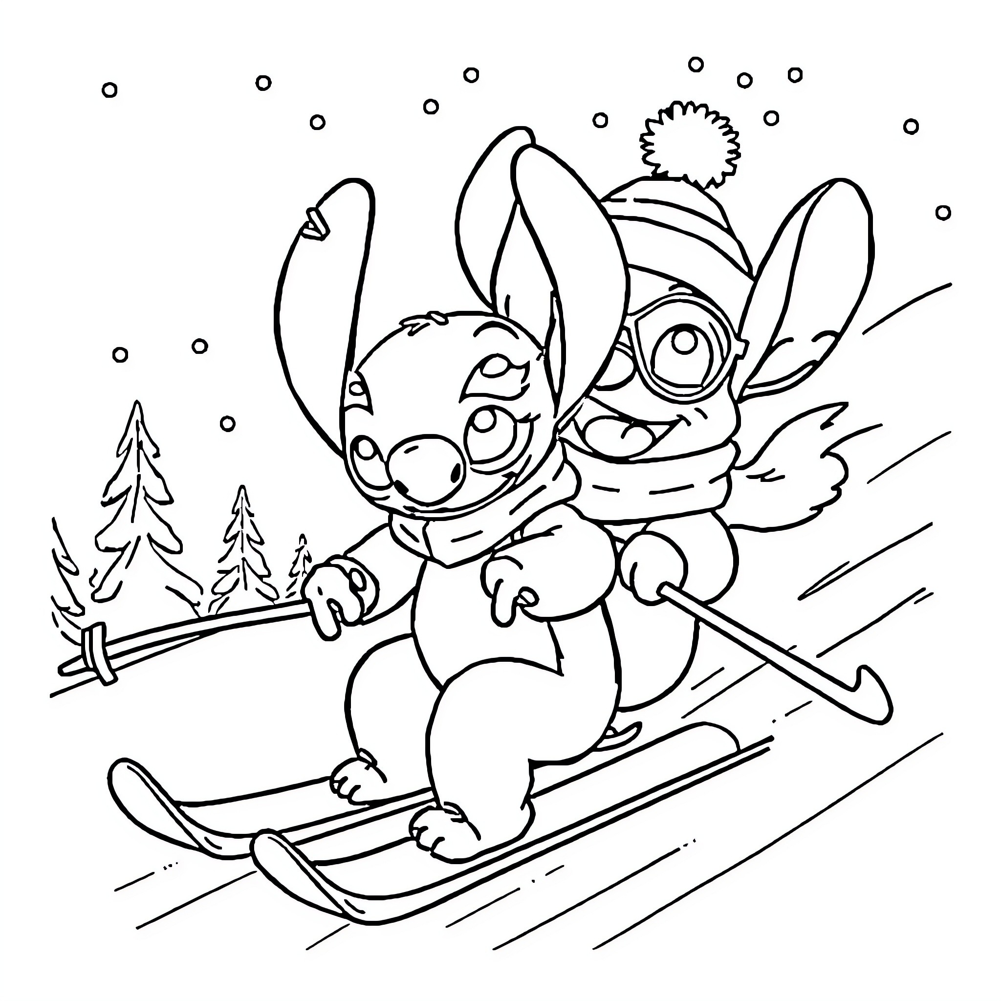 Stitch enjoying winter sports in snowy scenery Coloring Page (free black-and-white line drawing printable PDF for all, from beginners to advanced learners, including children, teens, adults, and seniors)