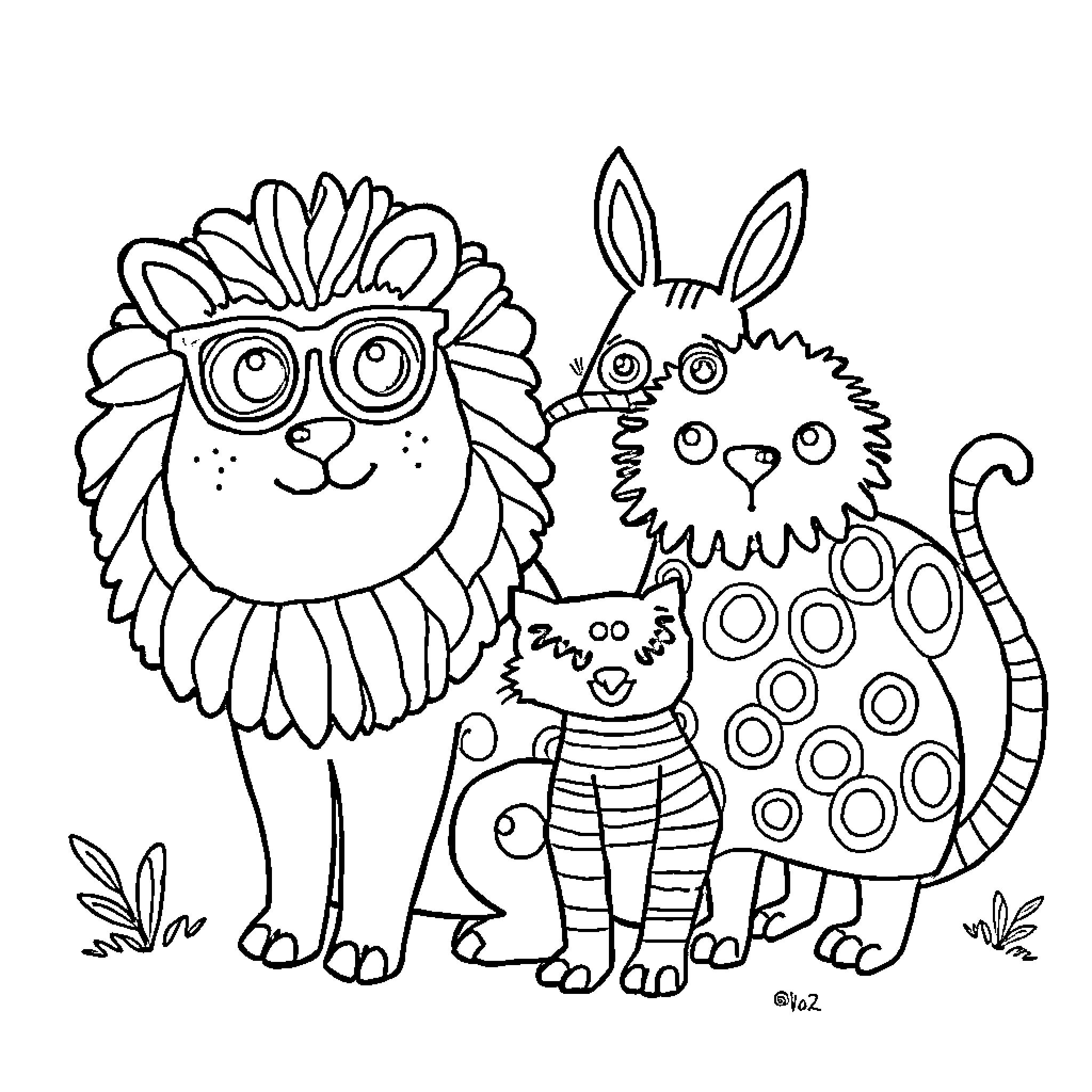 Animal friends wearing silly outfits in the garden Coloring Page (free black-and-white line drawing printable PDF for all, from beginners to advanced learners, including children, teens, adults, and seniors)