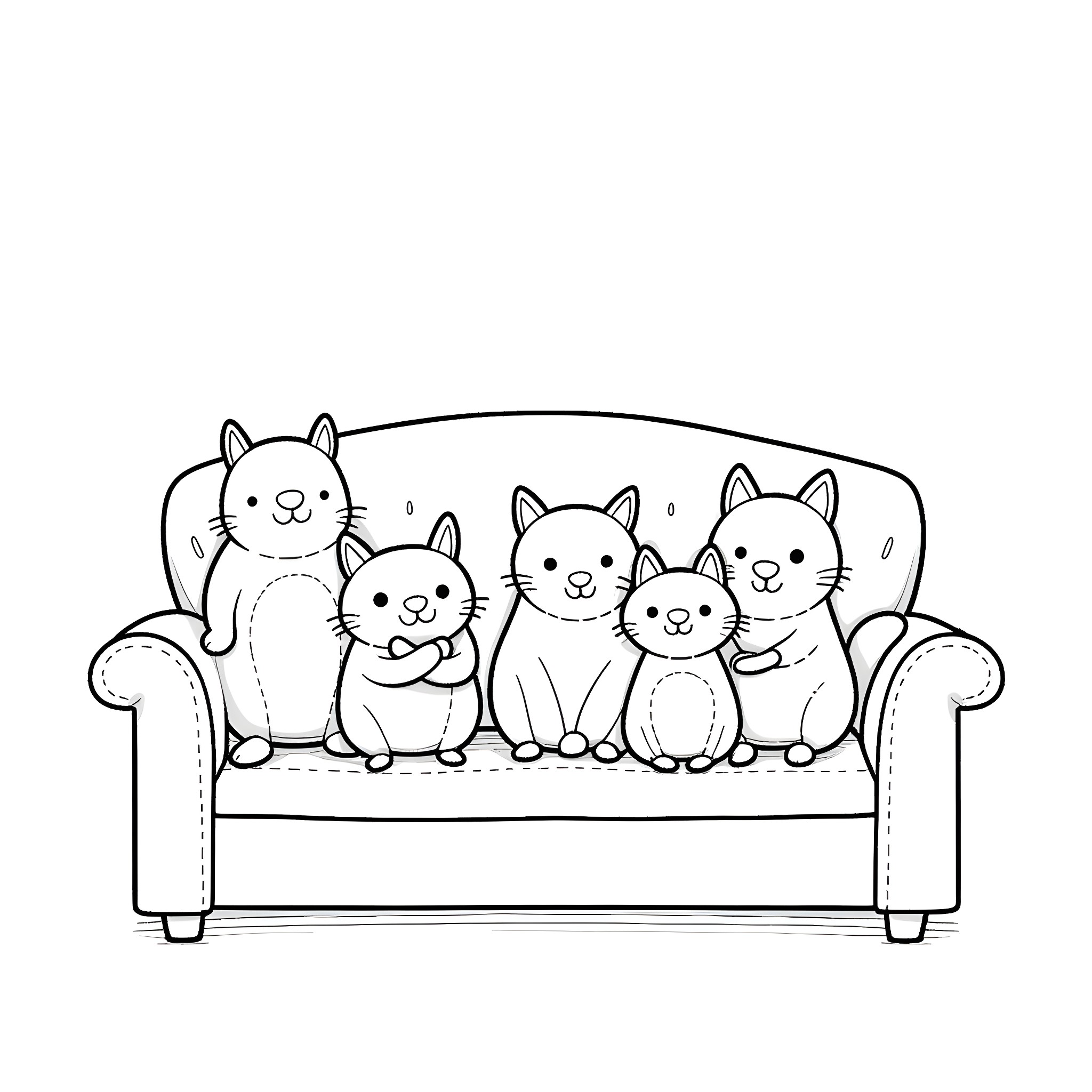 Animal Kittens cuddling on a sofa Coloring Page (free black-and-white line drawing printable PDF for all, from beginners to advanced learners, including children, teens, adults, and seniors)