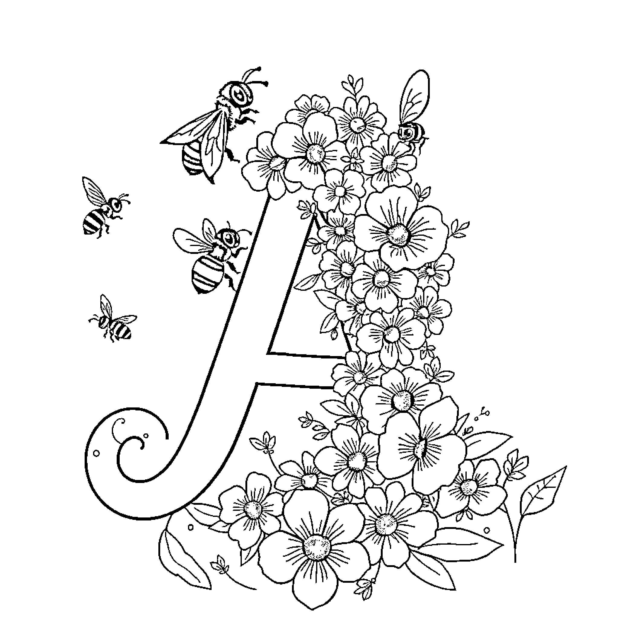 Bee surrounded by blooming floral illustrations Coloring Page (free black-and-white line drawing printable PDF for all, from beginners to advanced learners, including children, teens, adults, and seniors)