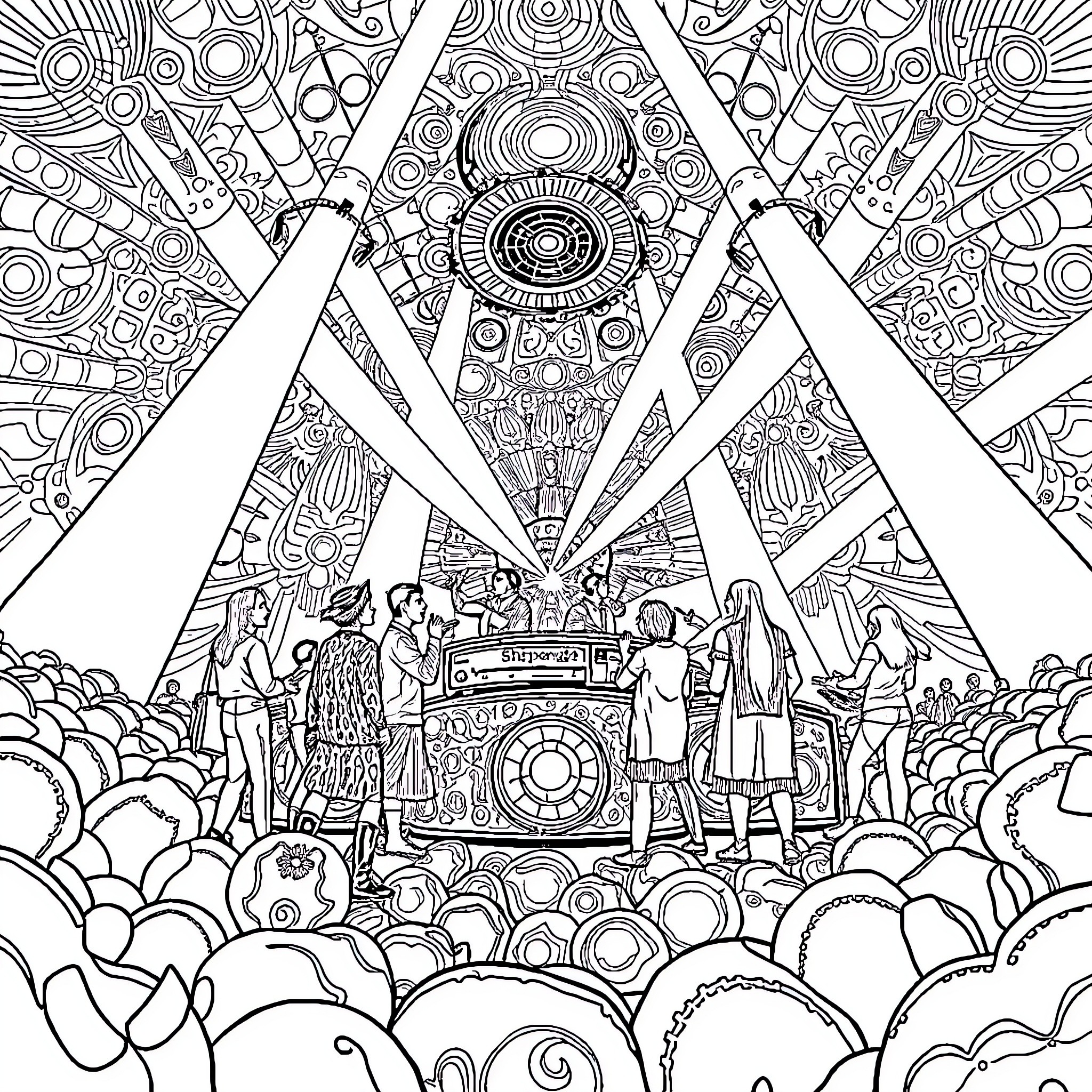 Shpongle: Vibrant Psychedelic Gathering Coloring Page (free black-and-white line drawing printable PDF for all, from beginners to advanced learners, including children, teens, adults, and seniors)