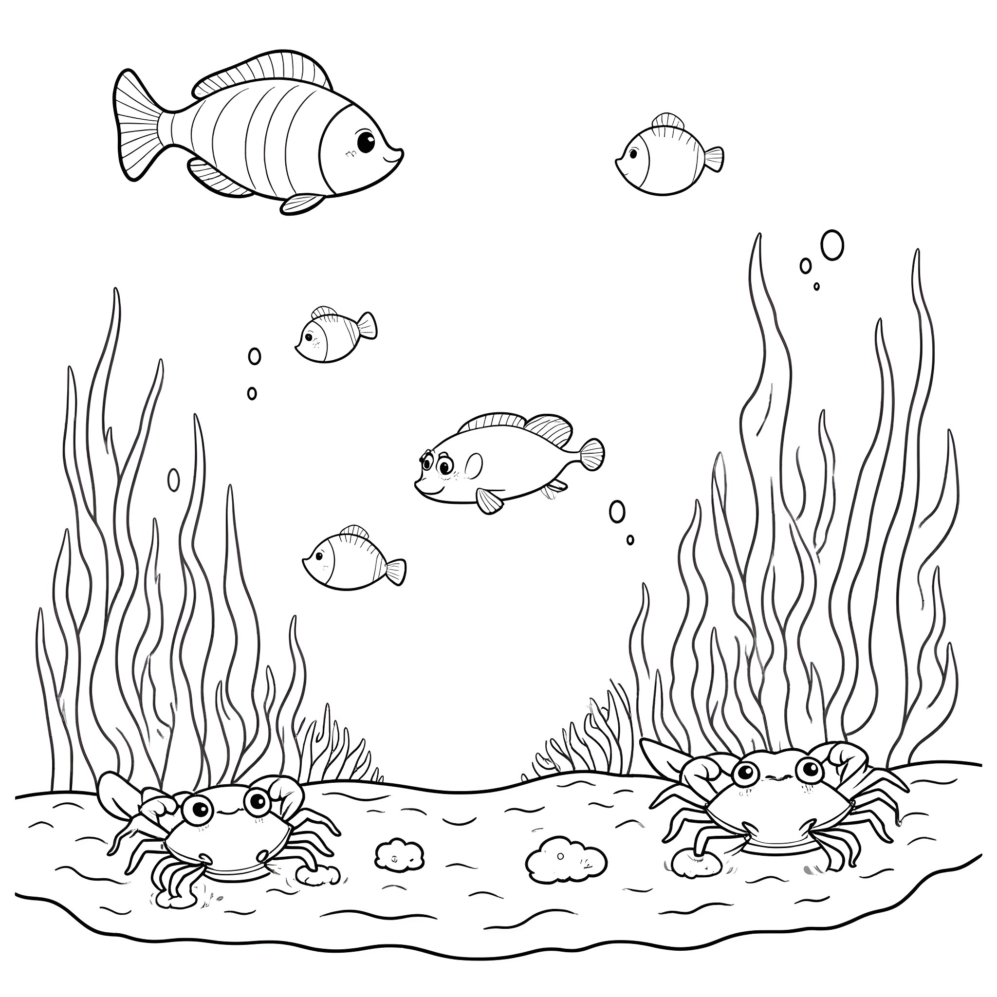 Animal underwater scene with various fish and crabs Coloring Page (free black-and-white line drawing printable PDF for all, from beginners to advanced learners, including children, teens, adults, and seniors)