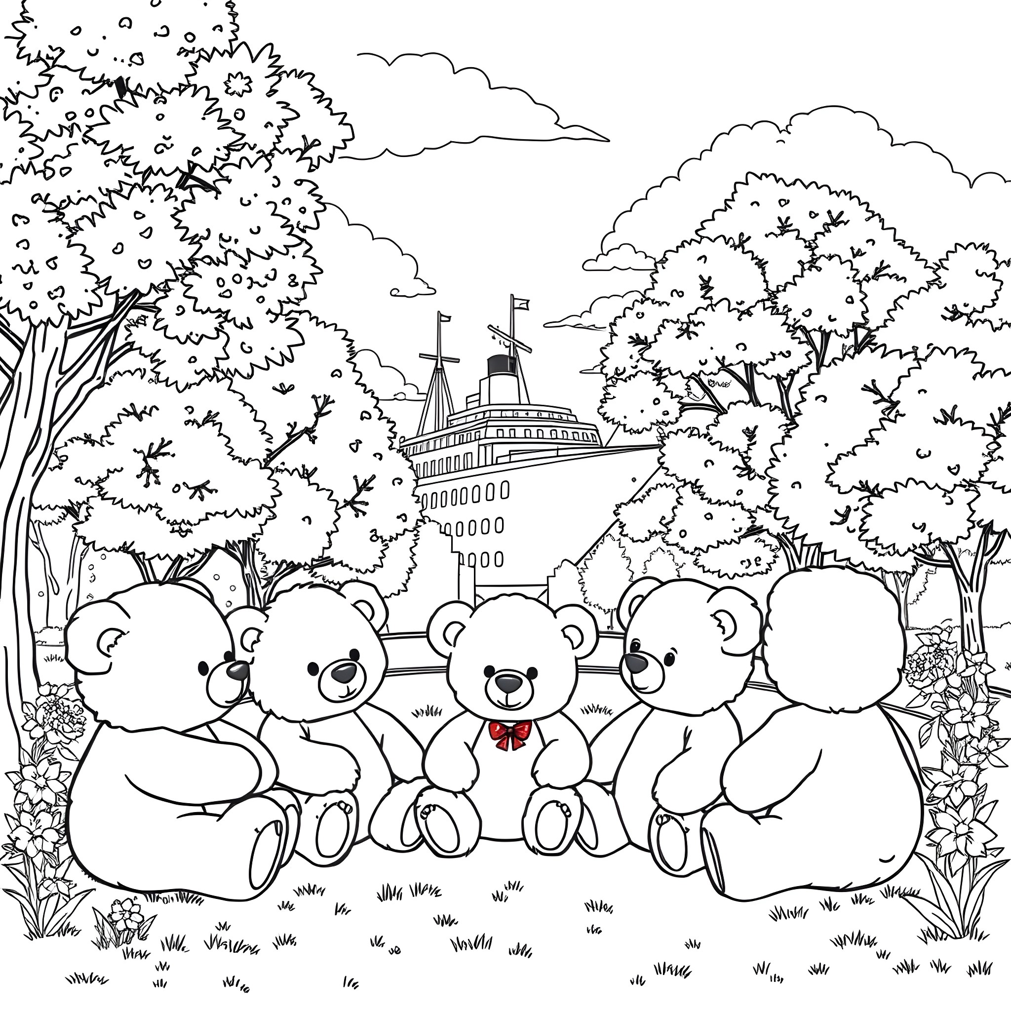 Teddy Bears Gathering in the Enchanted Forest Coloring Page (free black-and-white line drawing printable PDF for all, from beginners to advanced learners, including children, teens, adults, and seniors)