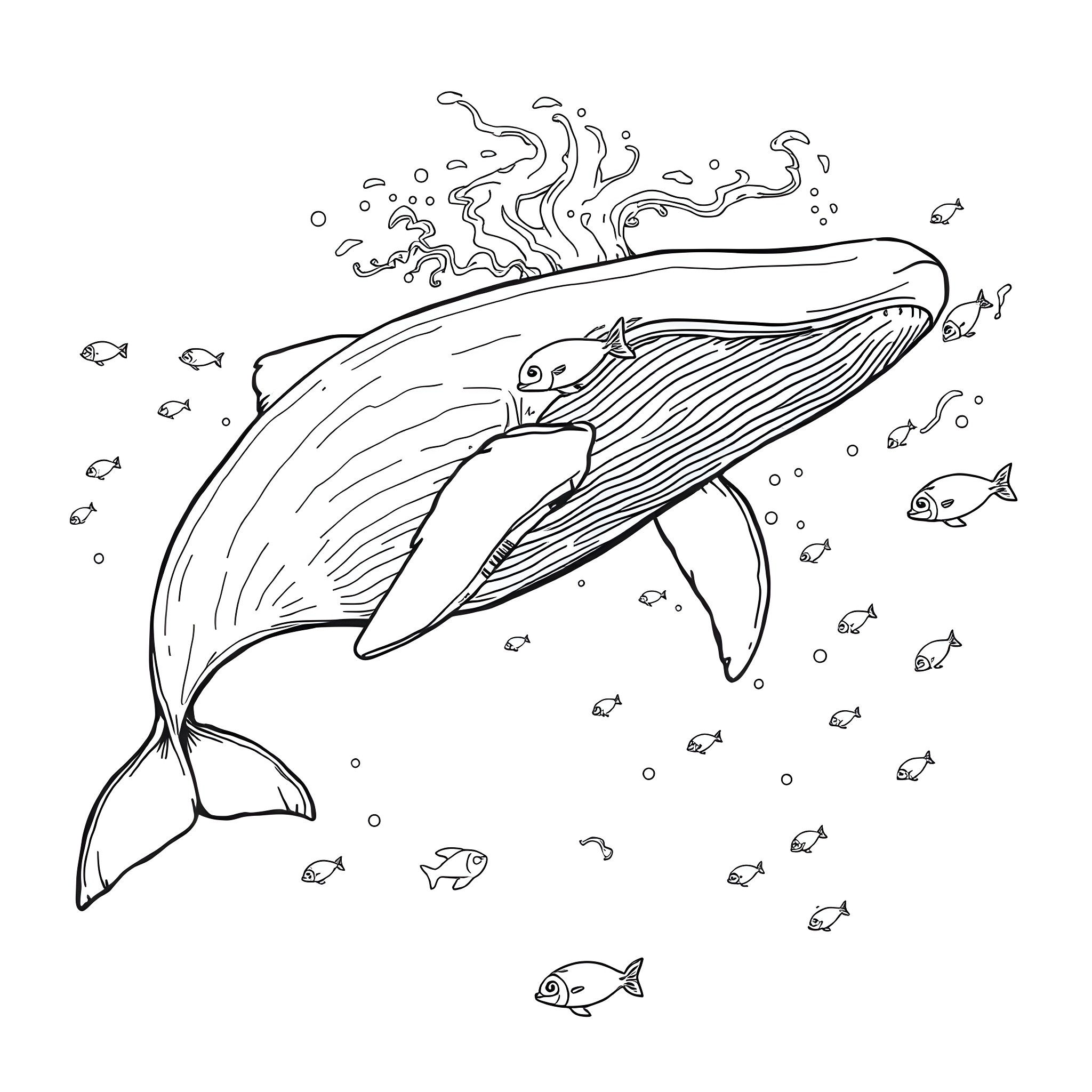 Whale swimming gracefully with school of fish Coloring Page (free black-and-white line drawing printable PDF for all, from beginners to advanced learners, including children, teens, adults, and seniors)