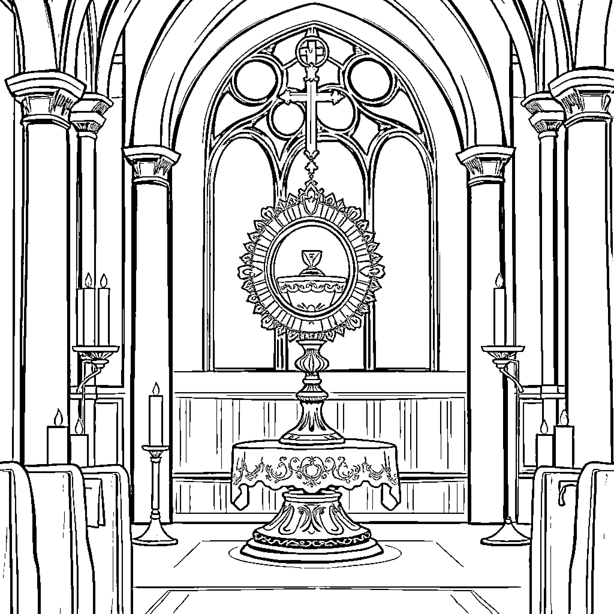 Monstrance in ornate church sanctuary Coloring Page (free black-and-white line drawing printable PDF for all, from beginners to advanced learners, including children, teens, adults, and seniors)