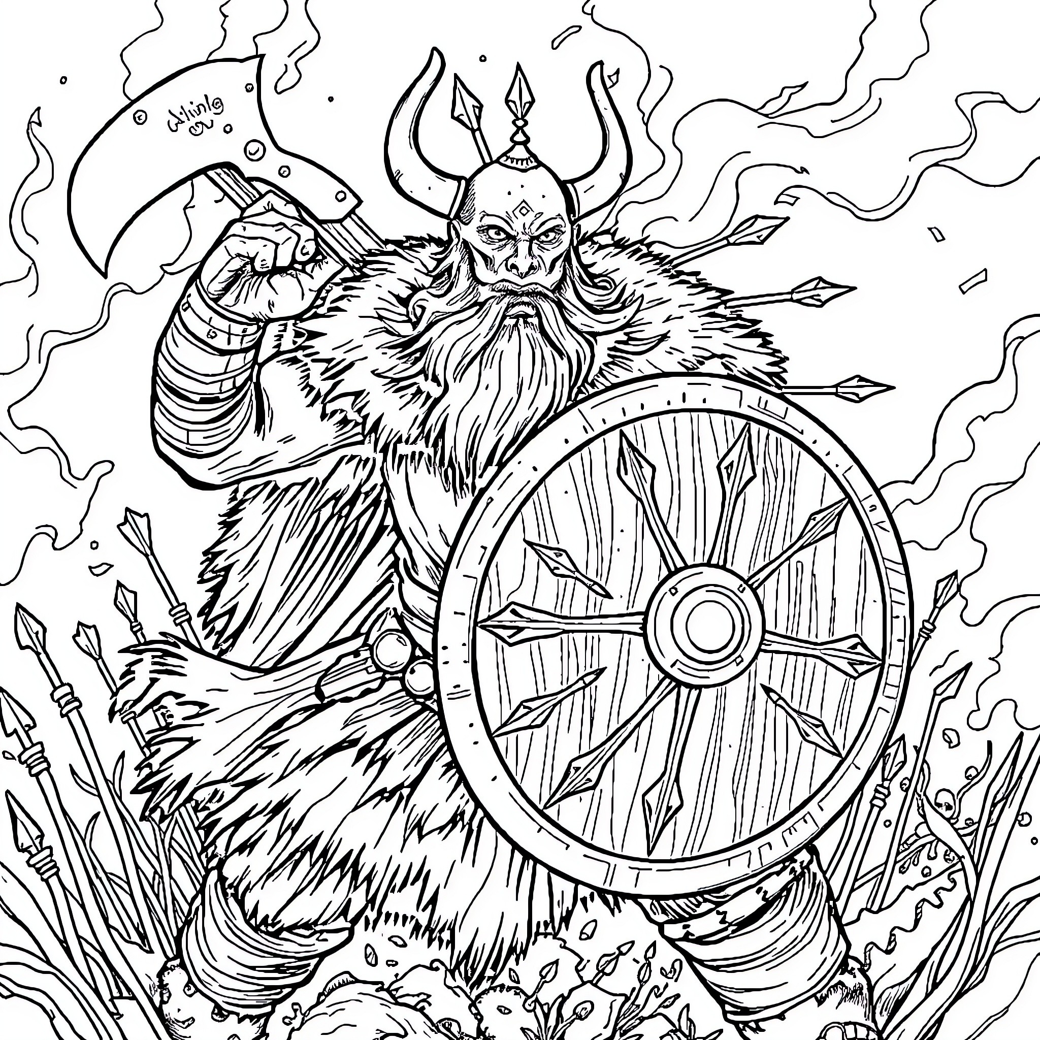 Viking warrior wielding weapon and shield Coloring Page (free black-and-white line drawing printable PDF for all, from beginners to advanced learners, including children, teens, adults, and seniors)