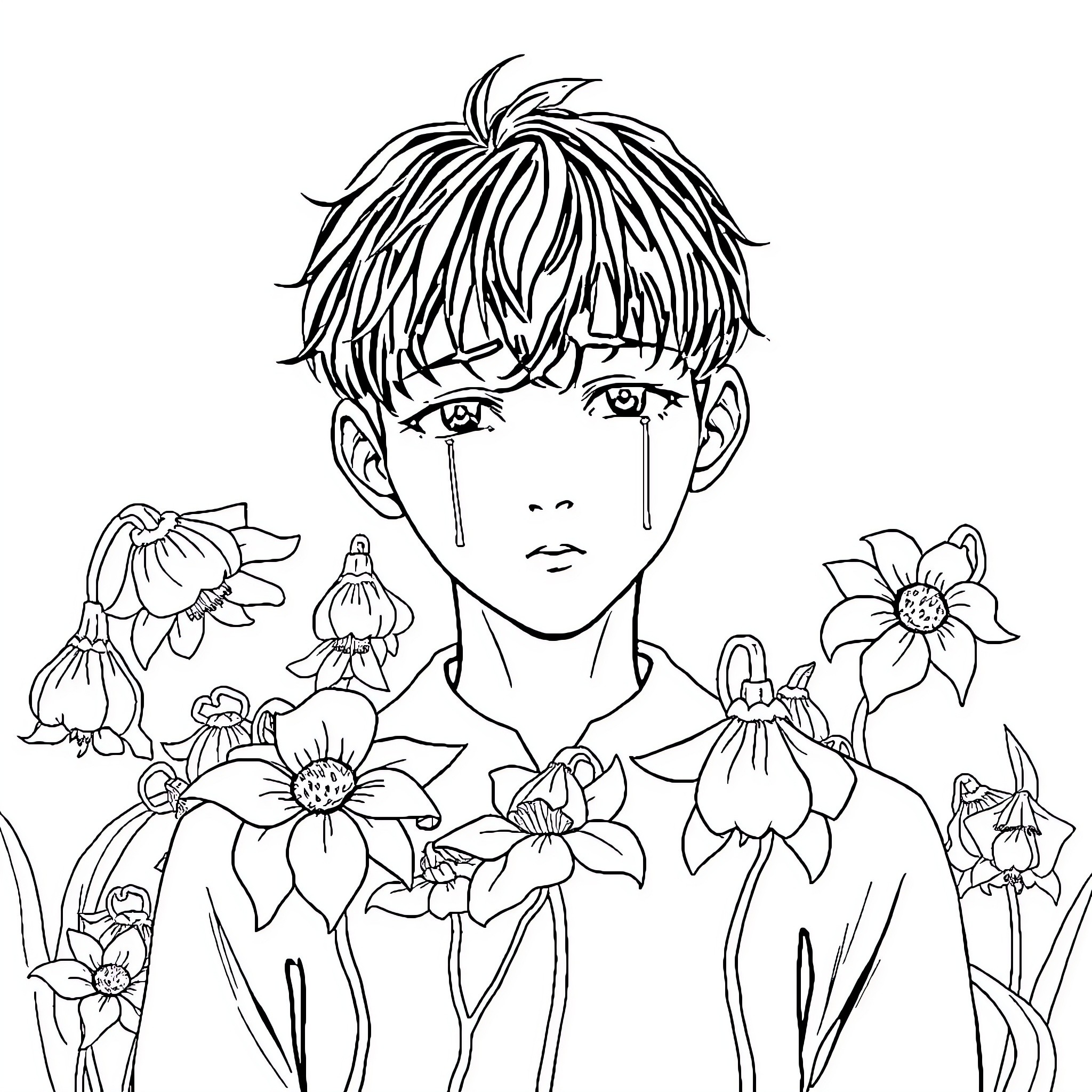 Beom Tae-ha surrounded by delicate flowers Coloring Page (free black-and-white line drawing printable PDF for all, from beginners to advanced learners, including children, teens, adults, and seniors)