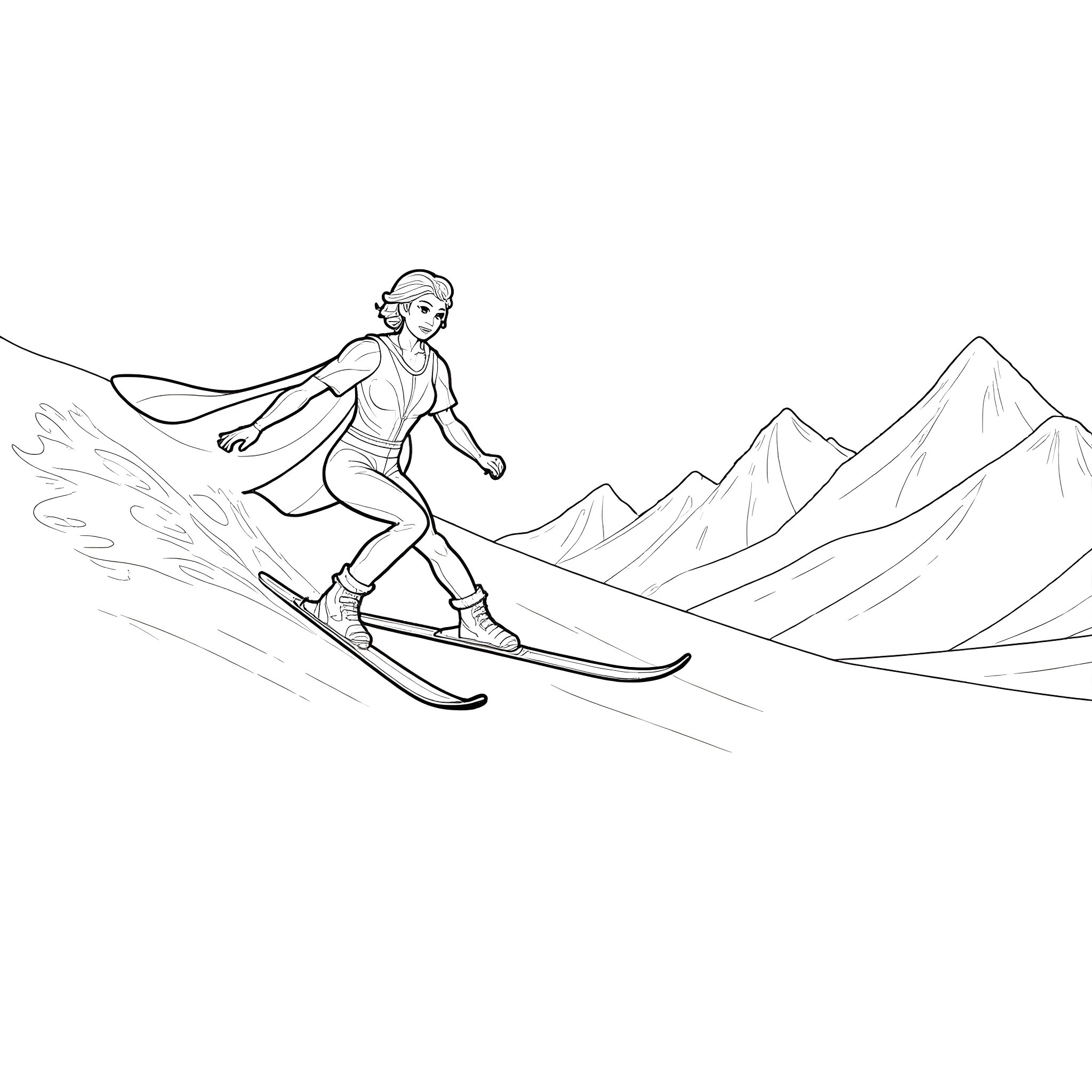 Elsa skiing down the snowy mountains Coloring Page (free black-and-white line drawing printable PDF for all, from beginners to advanced learners, including children, teens, adults, and seniors)