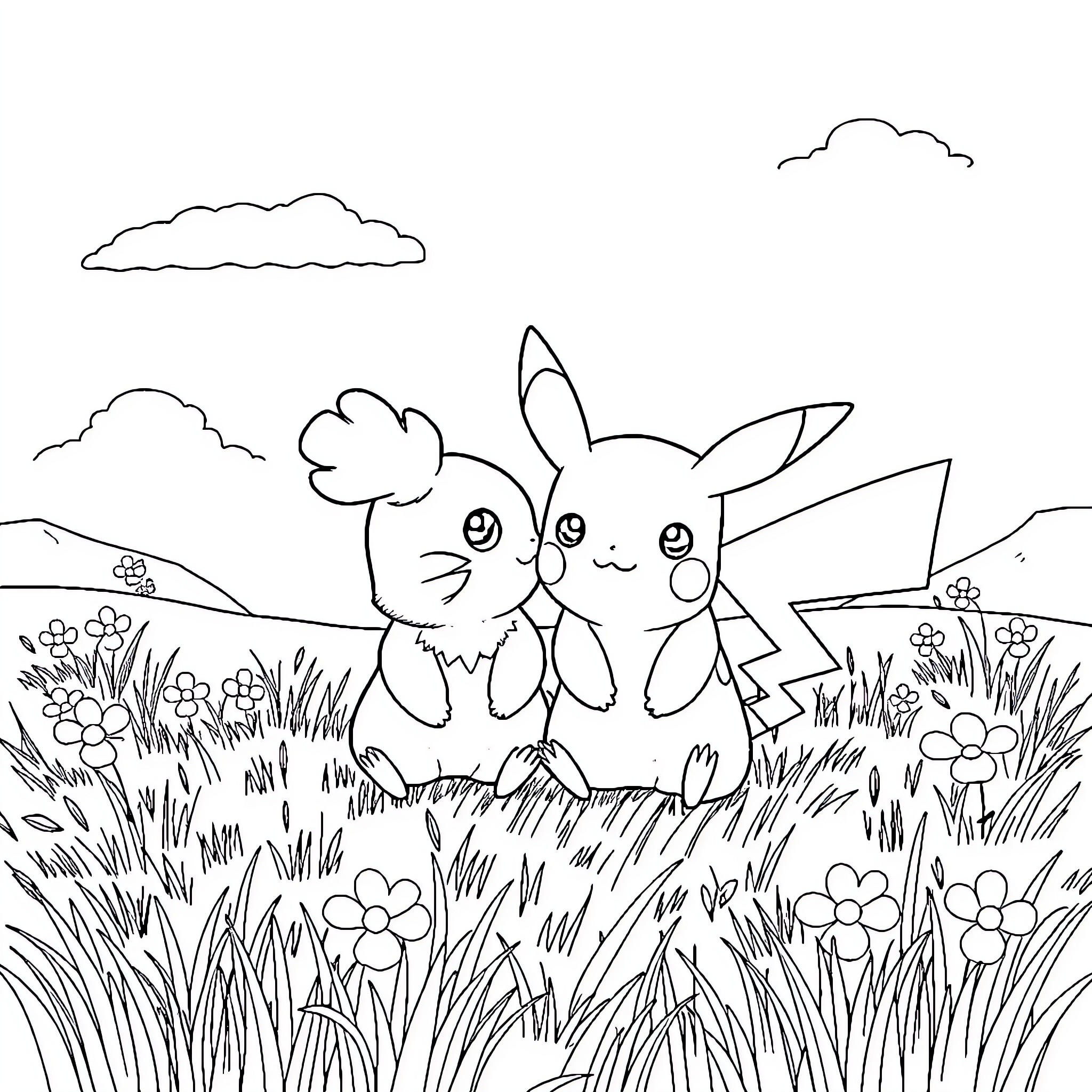 Pikachu playing happily in the meadow Coloring Page (free black-and-white line drawing printable PDF for all, from beginners to advanced learners, including children, teens, adults, and seniors)