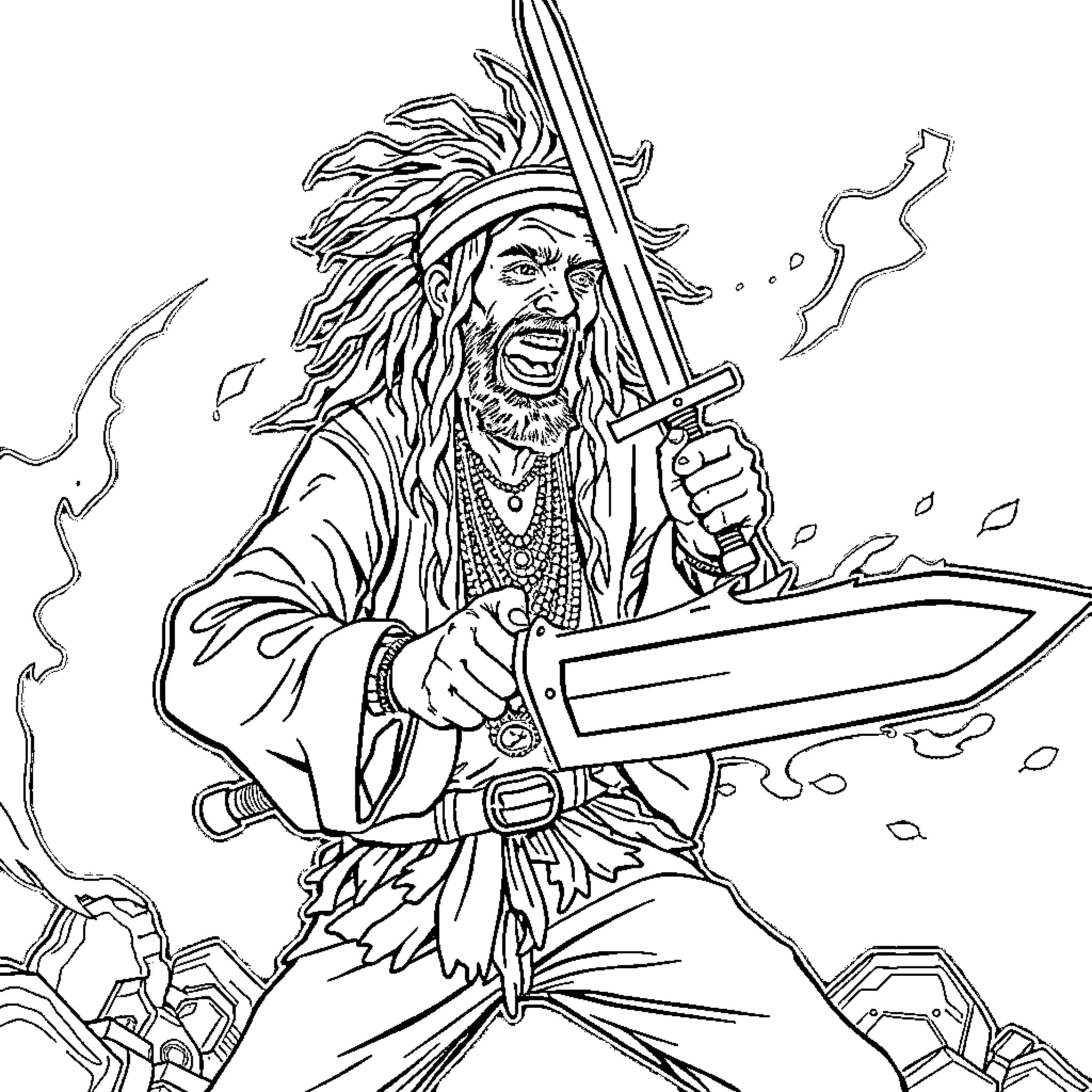 Hippy warrior brandishing sword in epic battle Coloring Page (free black-and-white line drawing printable PDF for all, from beginners to advanced learners, including children, teens, adults, and seniors)