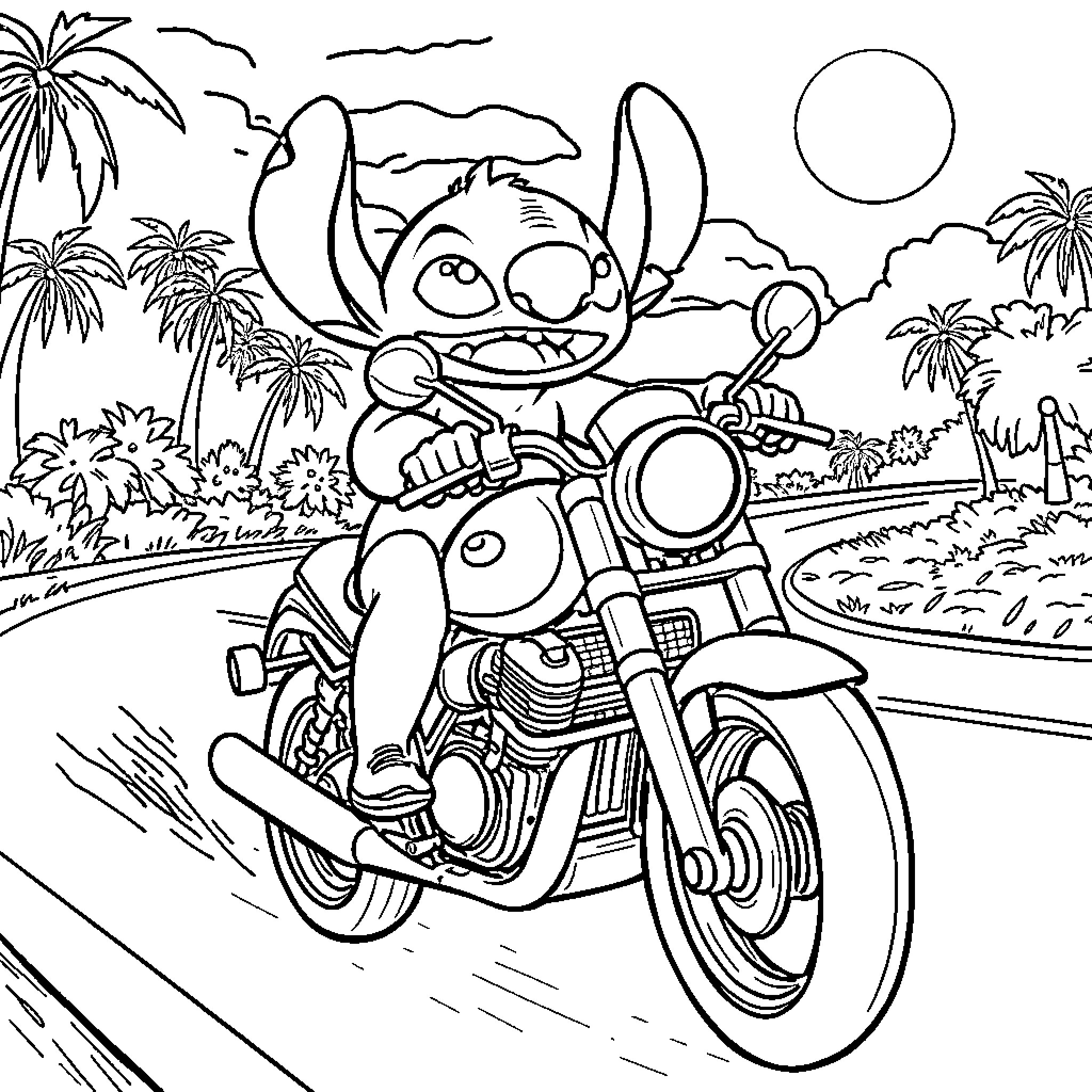 Stitch's Tropical Motorcycle Adventure Coloring Page (free black-and-white line drawing printable PDF for all, from beginners to advanced learners, including children, teens, adults, and seniors)