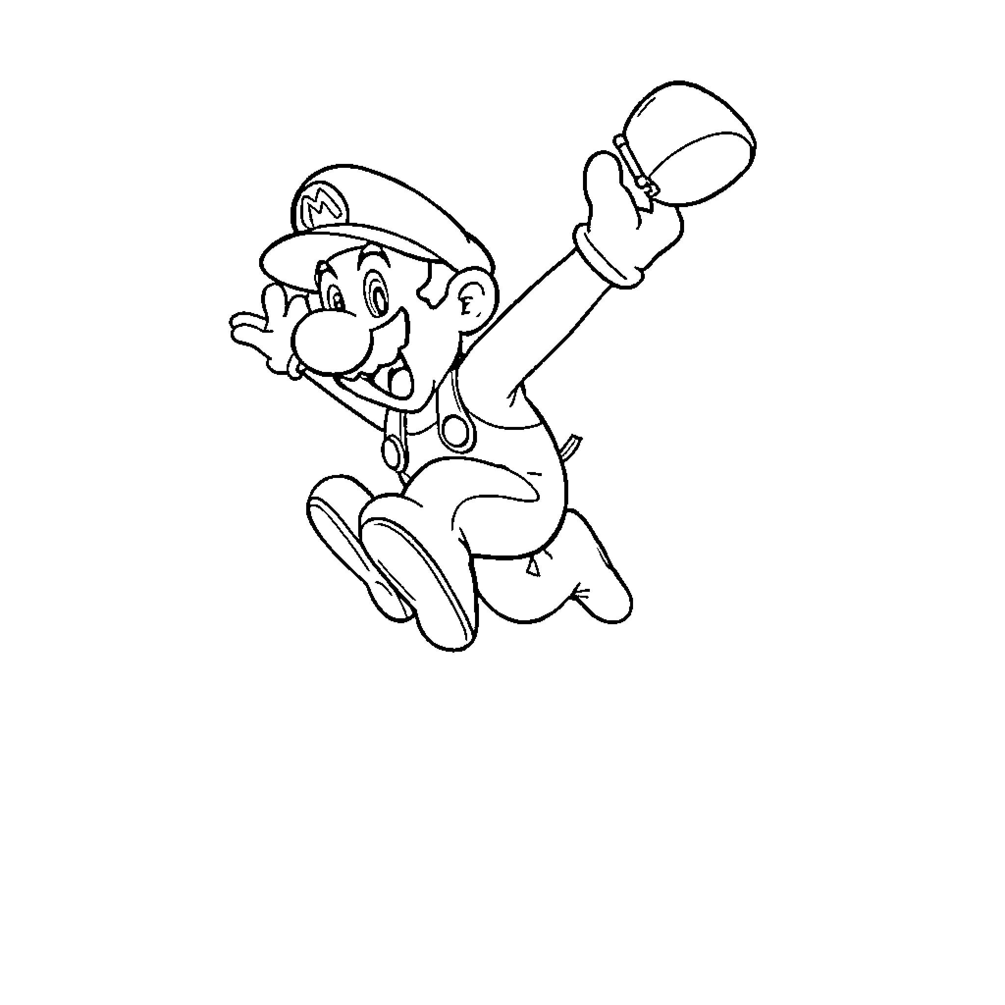 Mario Jumping and Cheering Excitedly Coloring Page (free black-and-white line drawing printable PDF for all, from beginners to advanced learners, including children, teens, adults, and seniors)