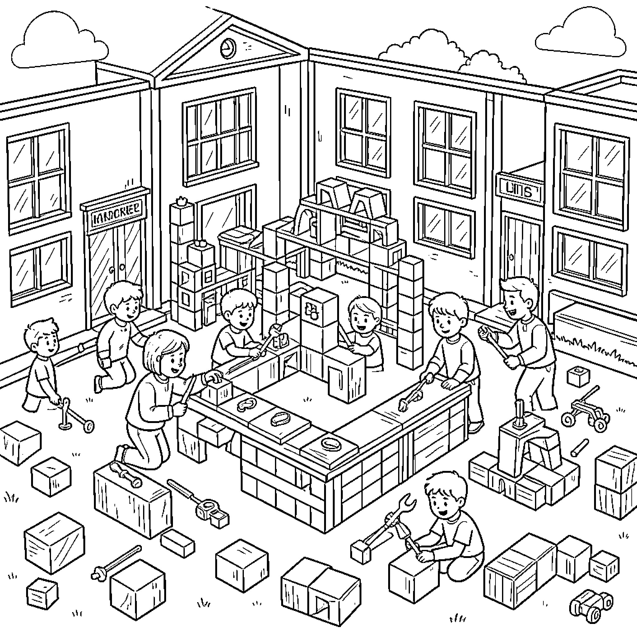 Building a large structure with toy blocks Coloring Page (free black-and-white line drawing printable PDF for all, from beginners to advanced learners, including children, teens, adults, and seniors)